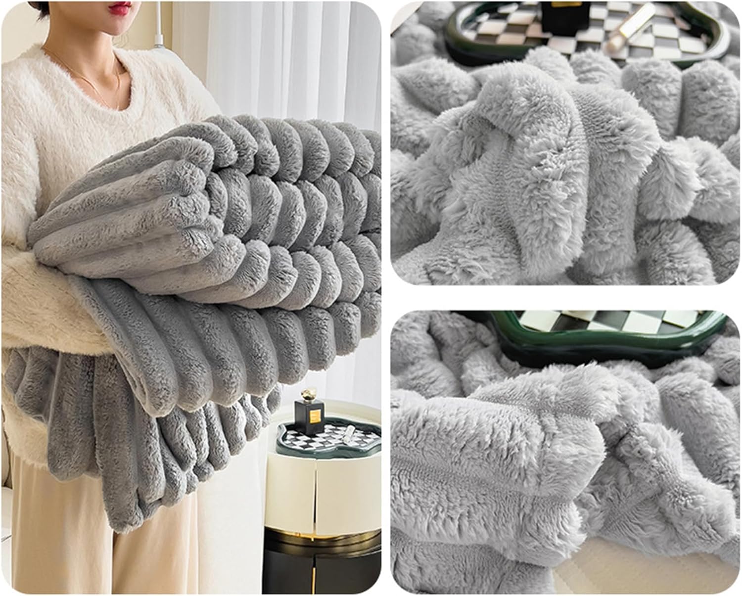 Couverture en laine, plaid, plaid de canapé, poils longs doux et confortable, hiver - gris - 120 × 200 cm - 6