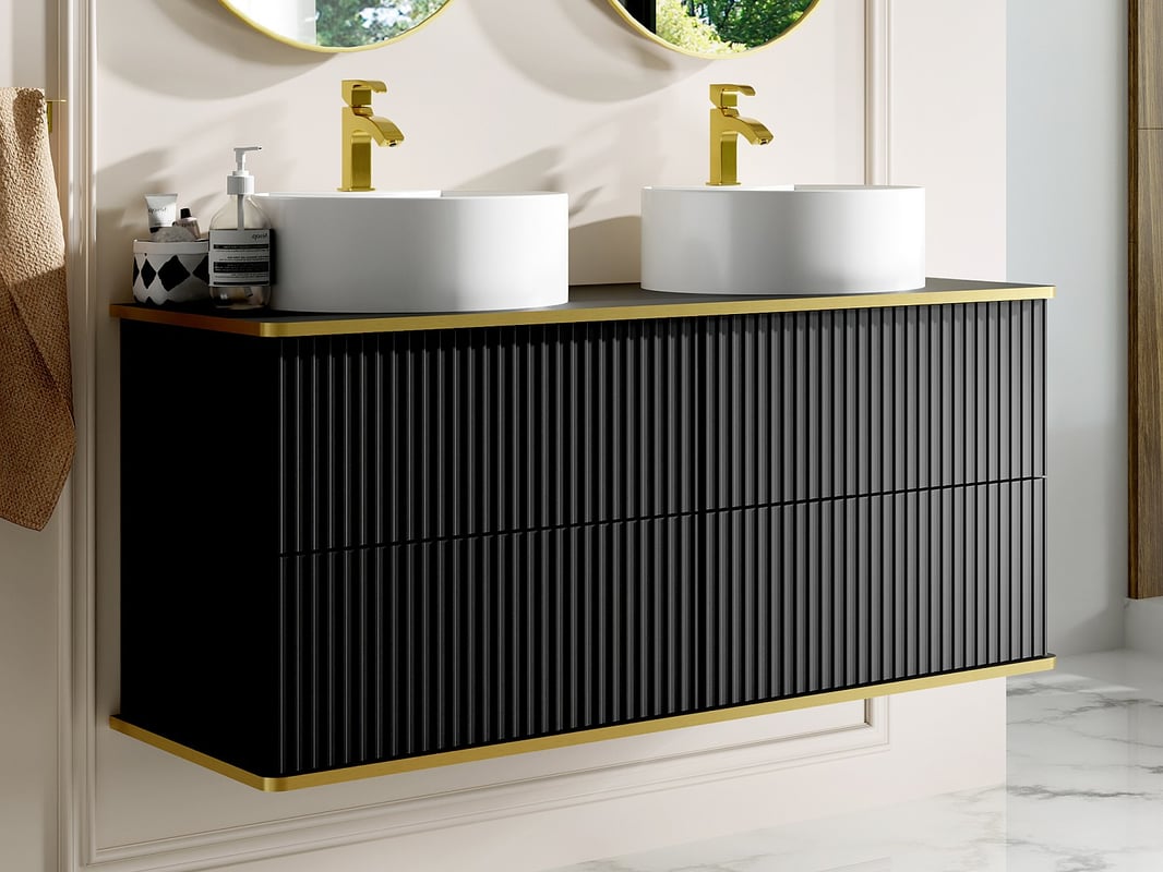 Szafka łazienkowa wisząca ryflowana ze złotą listwą i dwoma okrągłymi umywalkami nablatowymi - Czarny - 120 cm - KELIZA
