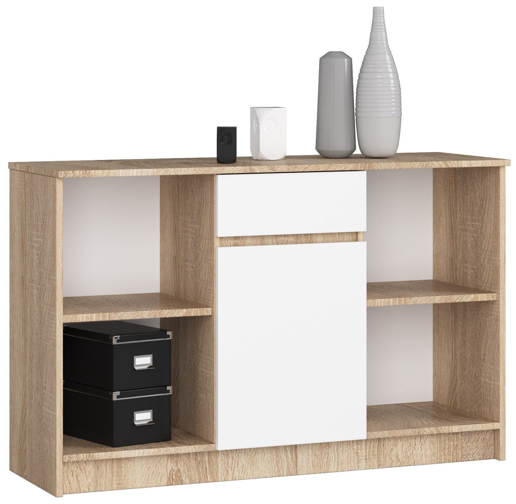 Komoda AKORD B17 Dąb Sonoma 120 cm 1 drzwi 1 szuflada kolor Biały mat 6 półek 120x40x77 cm