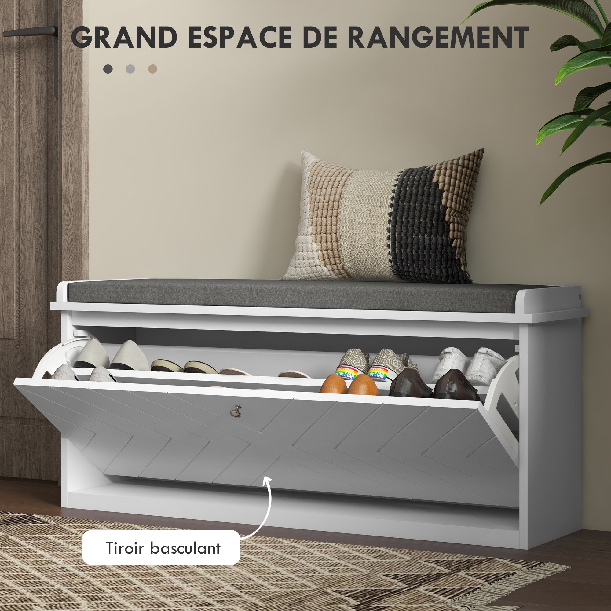Rangement Banc à chaussures avec tiroir rabattable coussin d'assise et étagère réglable 100 x 26 x 48 cm - blanc - 6