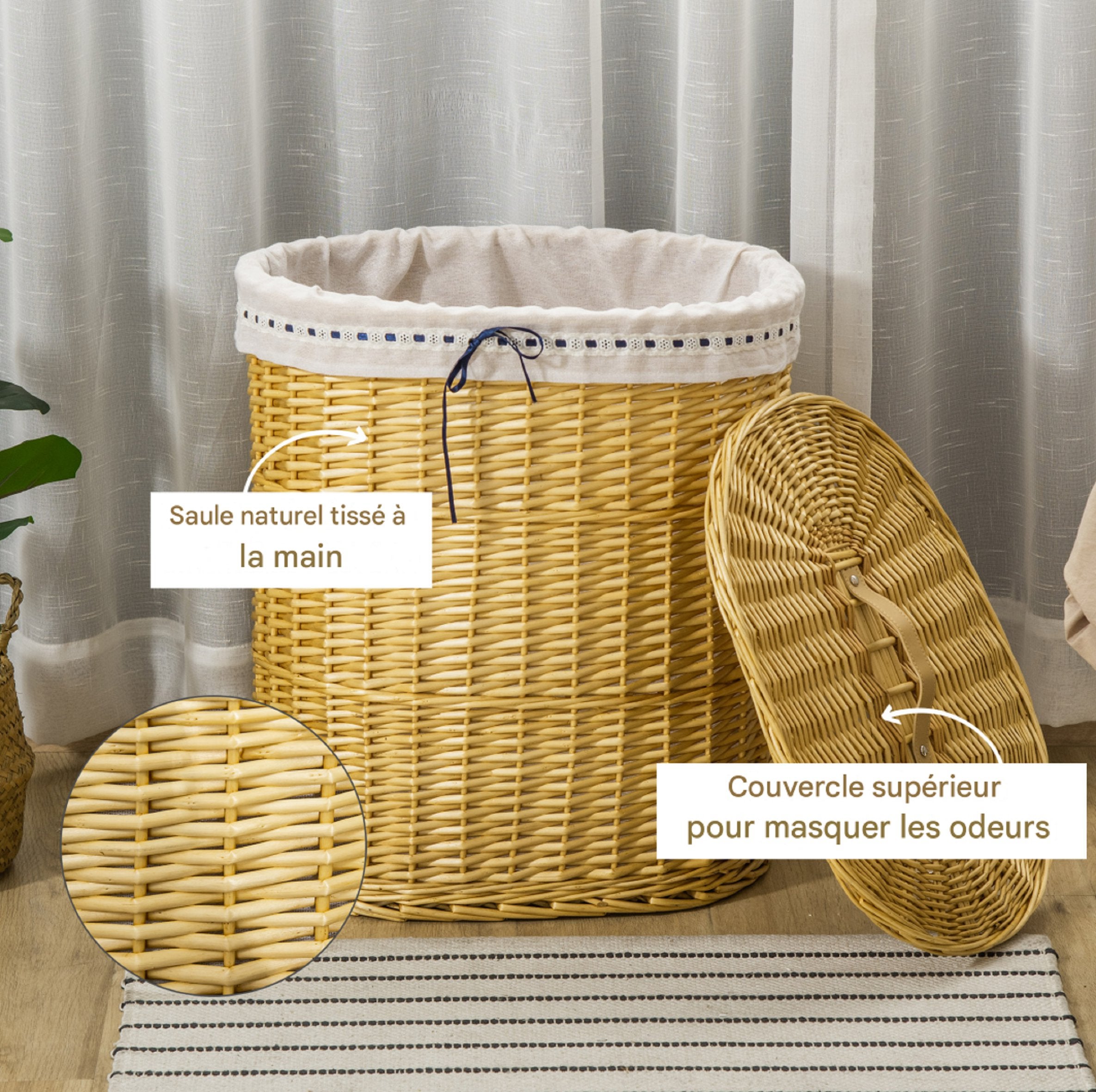 Panier à linge HOMCOM en osier avec couvercle, 100 L, 51 x 38 x 57 cm, boîte à linge naturelle pour chambre et salle de bain - 8