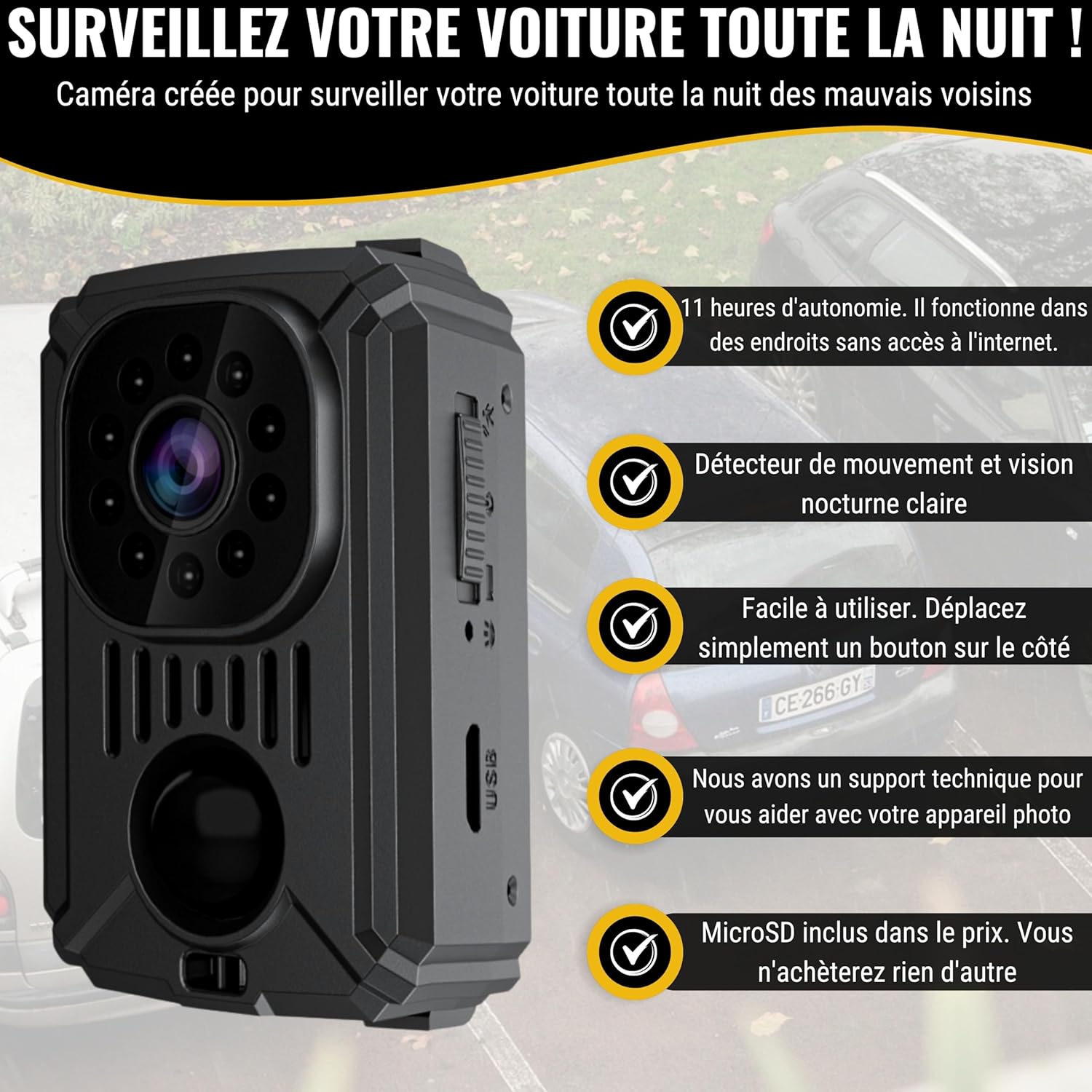 Mini caméra Espion cachée HD sans Wi-FI – Caméra de Surveillance pour Voiture avec Vision Nocturne et détection de Mouvement, Fonctionne sans Internet - 3