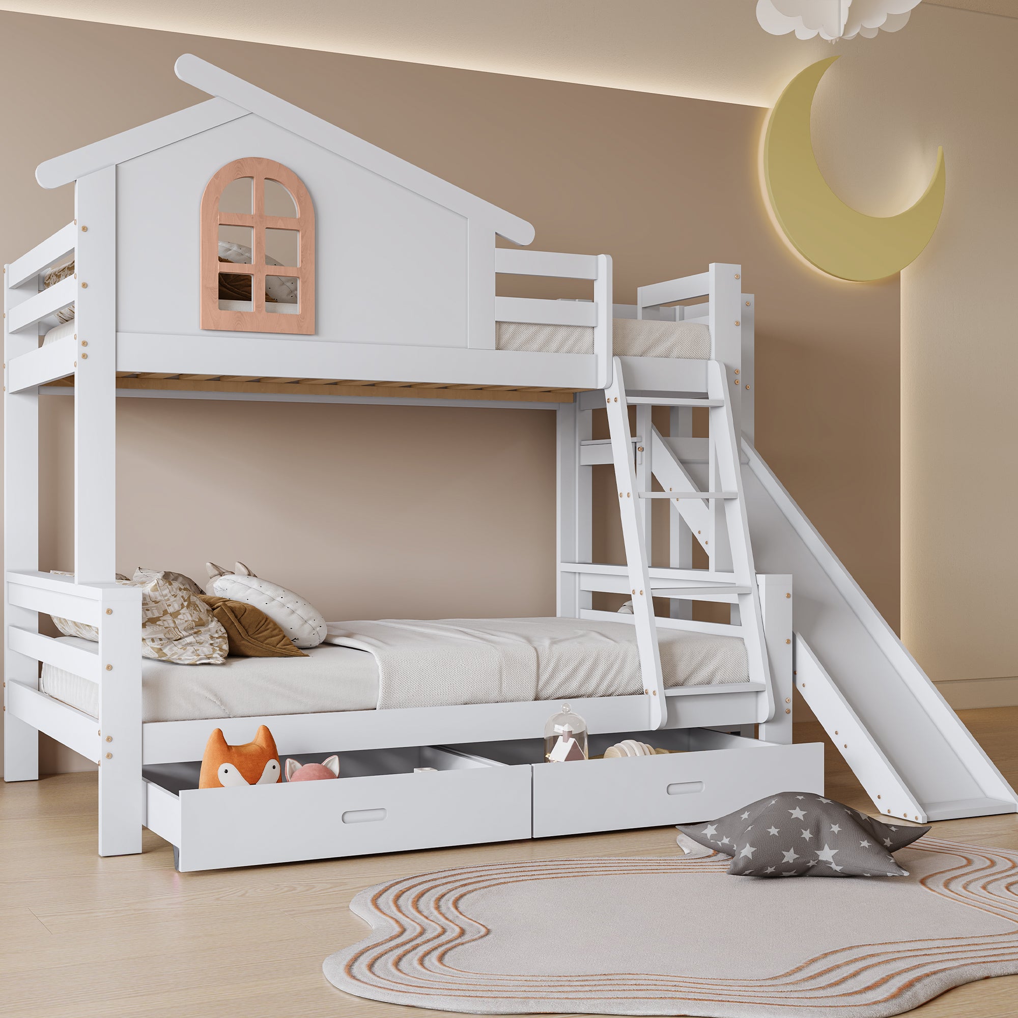 Lit superposé enfant 90x200 cm + 120x200 cm - avec escalier de rangement et bureau - en bois