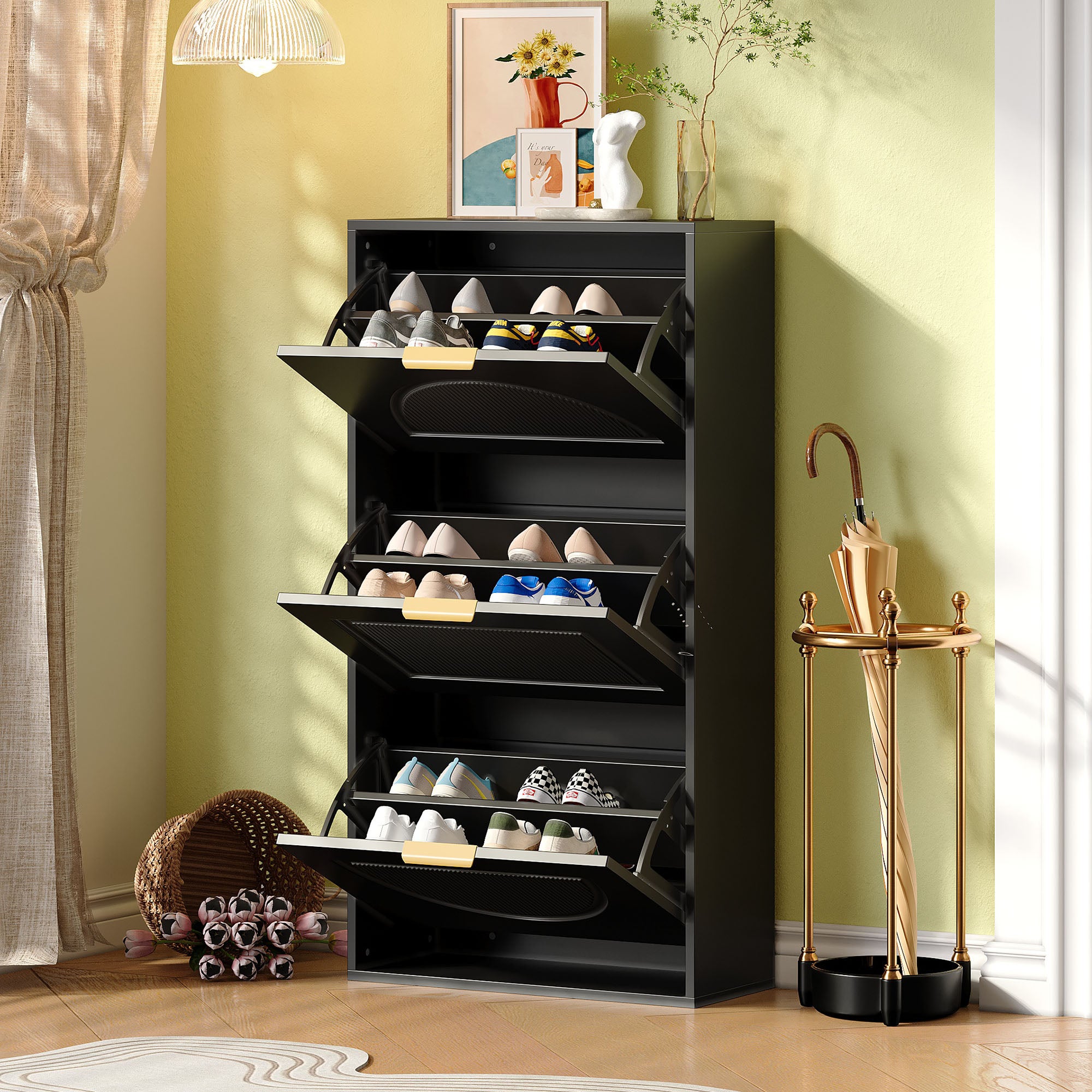 Zapatero estrecho de 3 puertas en color negro, ideal para recibidor y sala de estar. dimensiones: 60×24×114 cm.