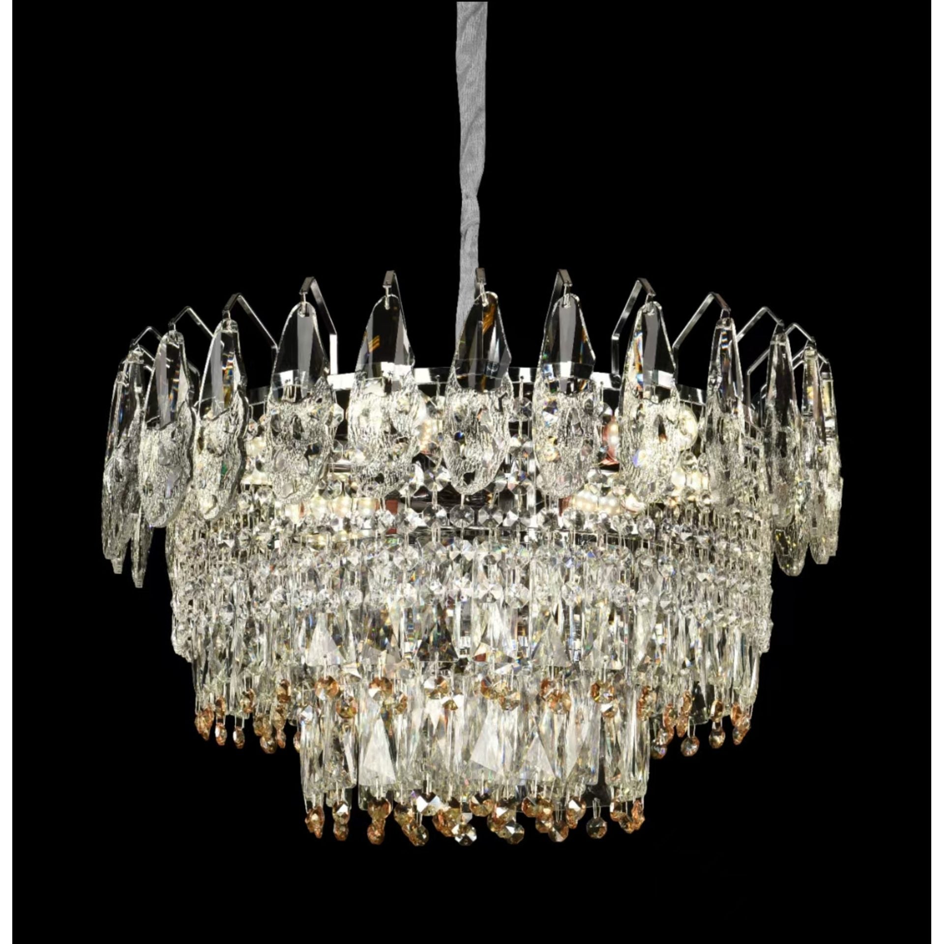 Candelabru Cristal MAJESTIC Eleganza, 9x E14, Diametru 50cm, Crom Lucios, Inaltime Reglabil