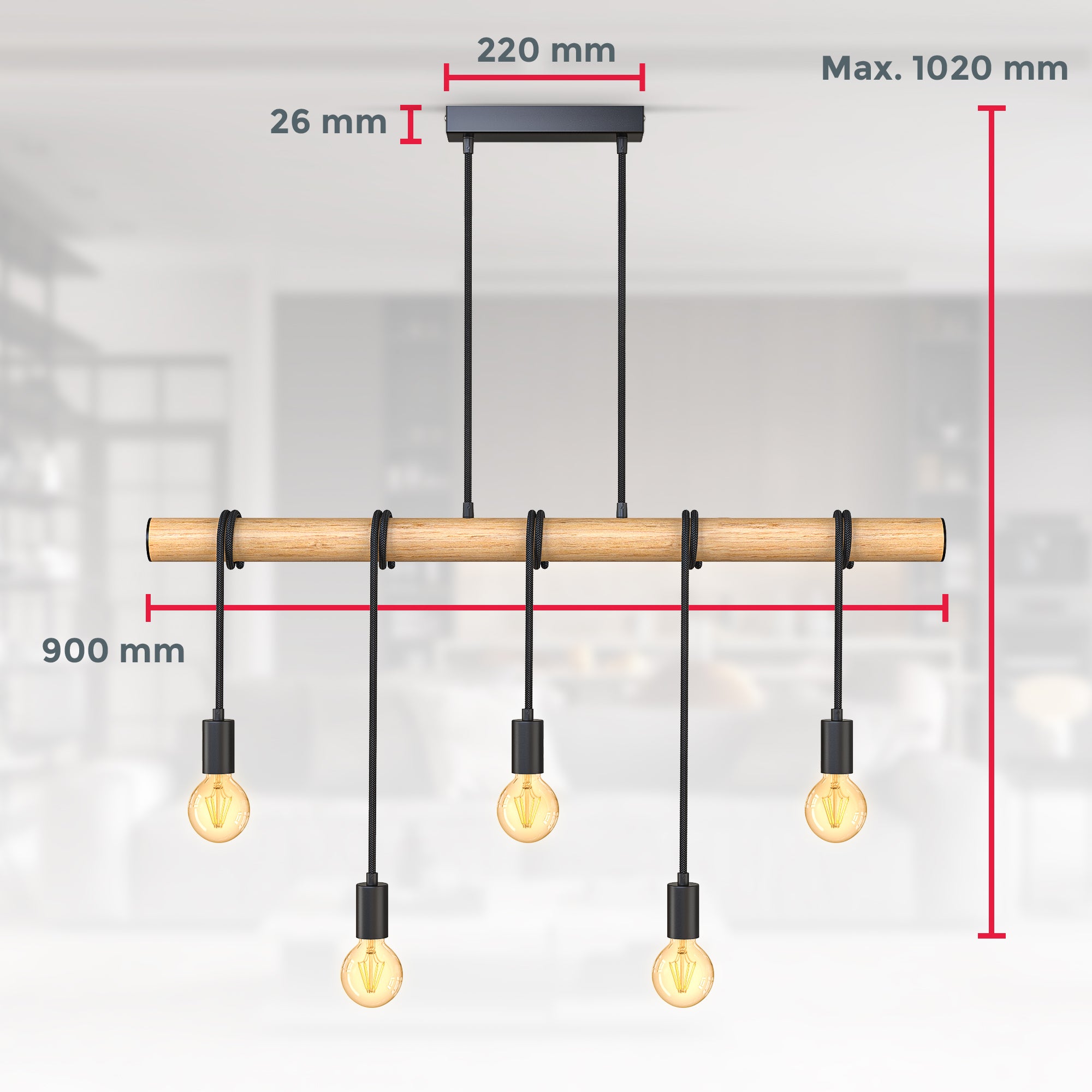 Suspensions à 5 lumières en bois et métal - 5x E27 sans ampoules - Câble textile - IP20 - B.K.Licht - 6