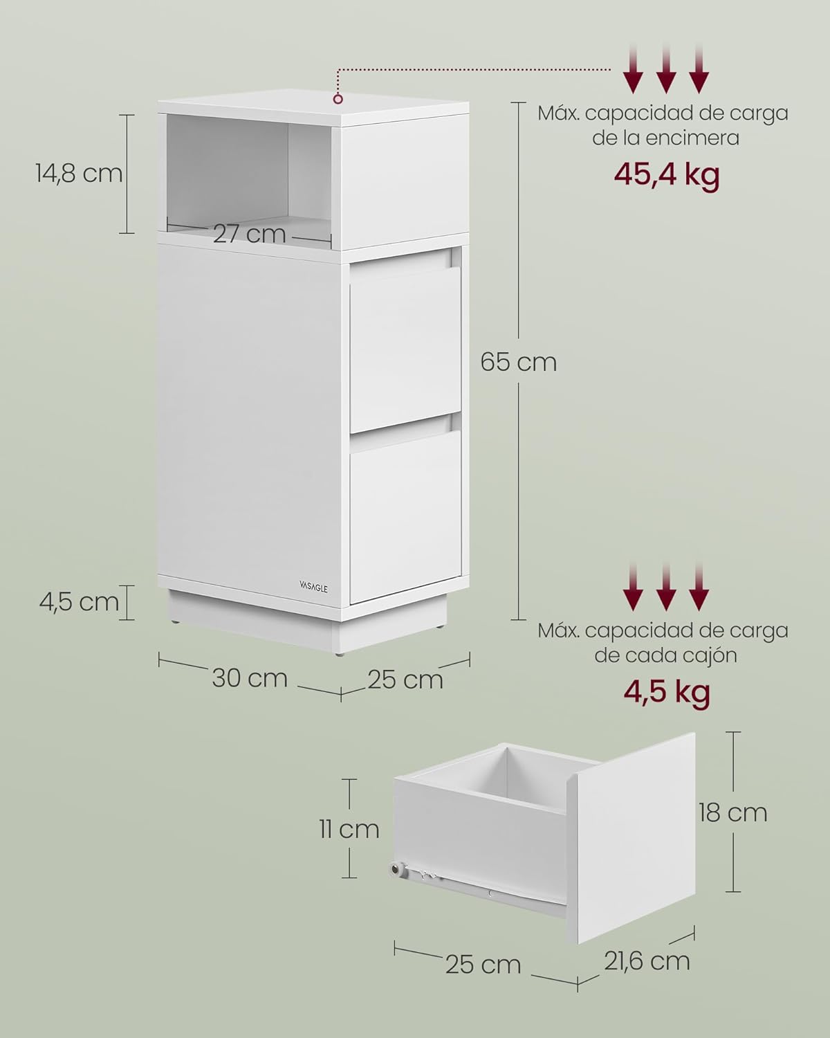 Mesita de Noche Estrecha, Mesa Auxiliar con 2 Cajones y Compartimento Abierto, Encajable a la Izquierda o a la Derecha, Dormitorio, Salón, Blanco Nube - 6