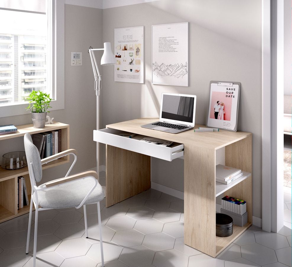 Bureau 1 tiroir - Decor chene naturel et blanc - L 115 x P 74 x H 50 cm - TEO - 2