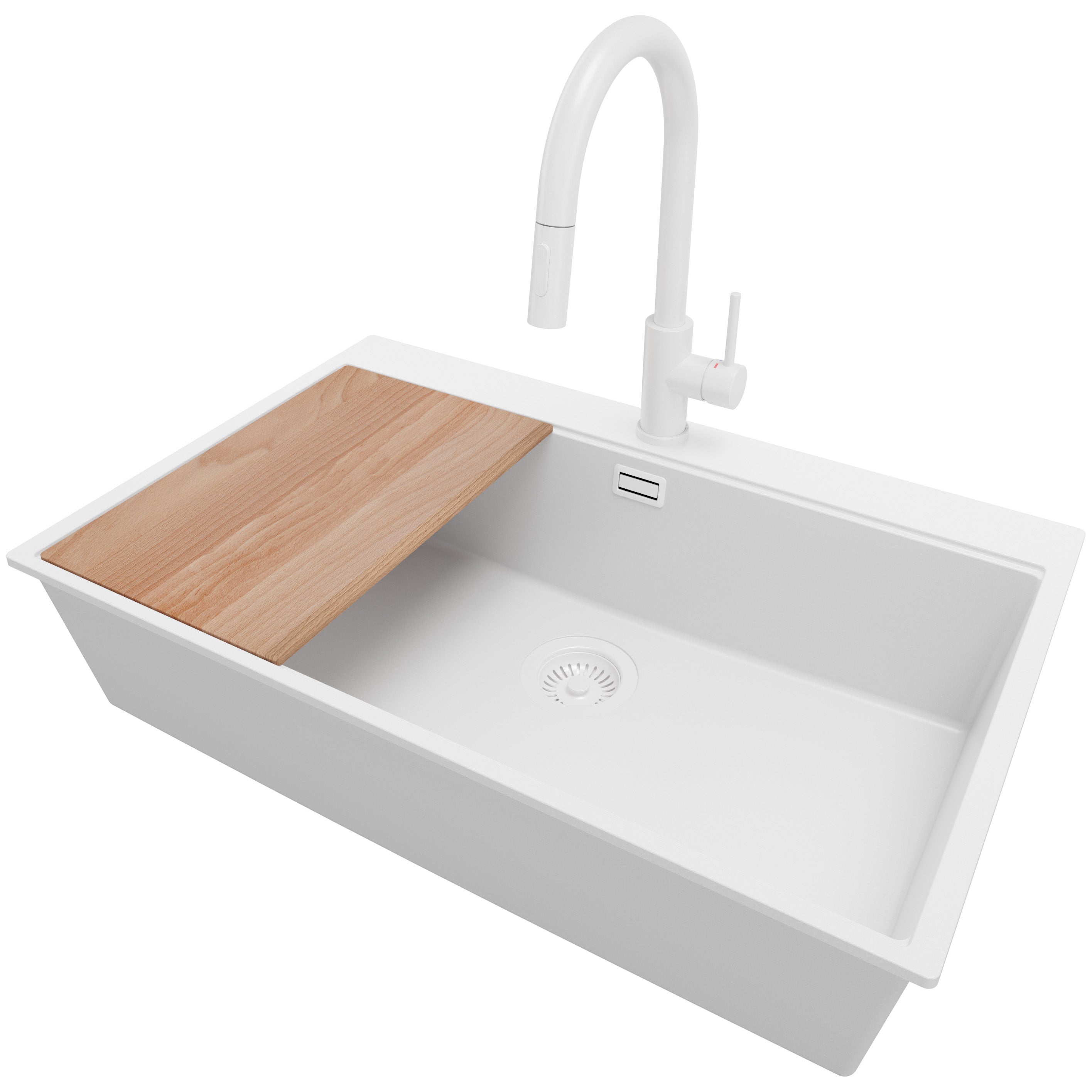 Zlewozmywak Granitowy Cały Biały 78x50cm, Zlew Kuchenny 1 Komorowy + Bateria 40x20cm + Syfon + Deska, Nablatowy do szafki od 80cm - Oslo PRIMAGRAN