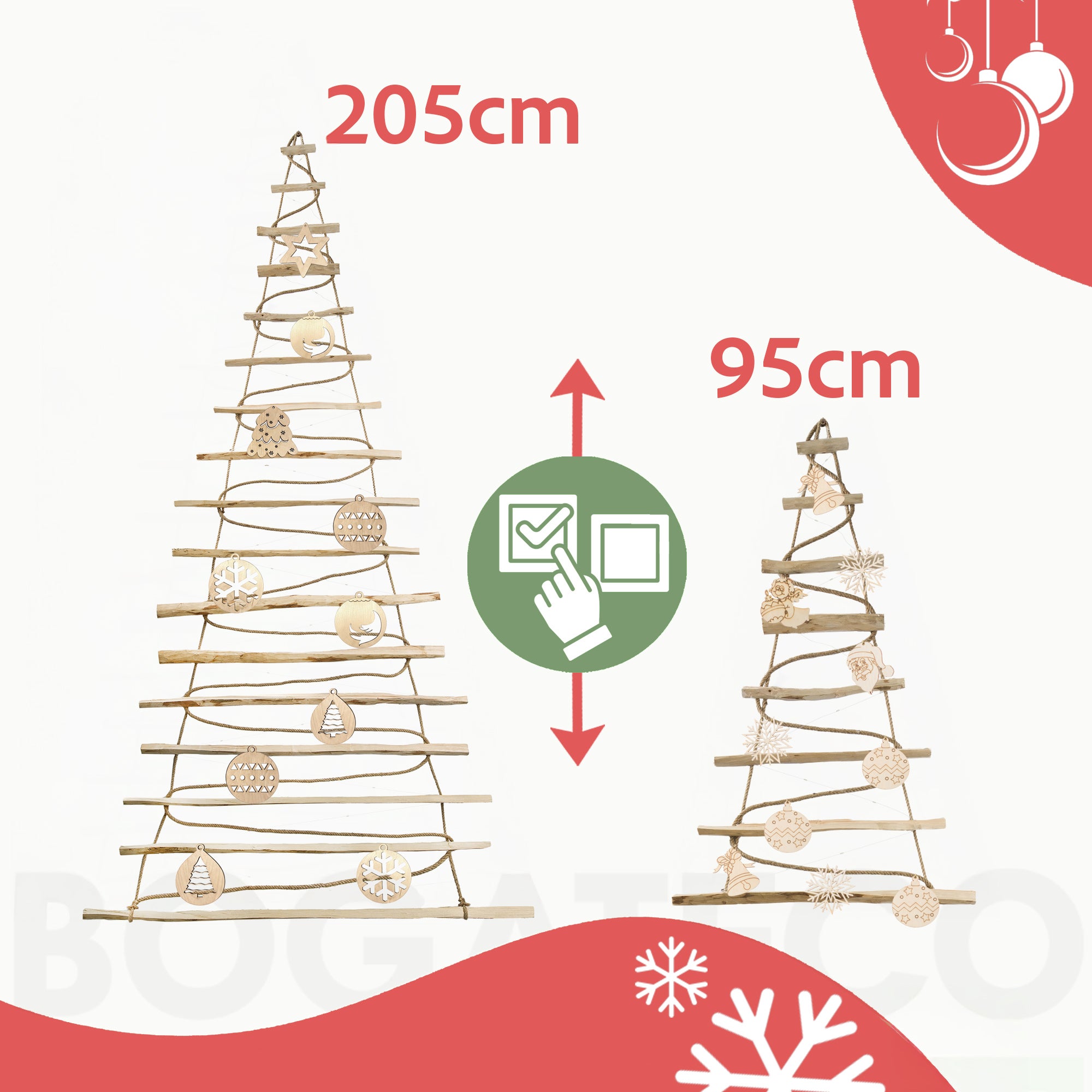 BOGATECO Sapin de Noël fait main de 95 cm de haut avec décorations | lumières LED | Panneaux en bois reliés par une corde de jute - 3