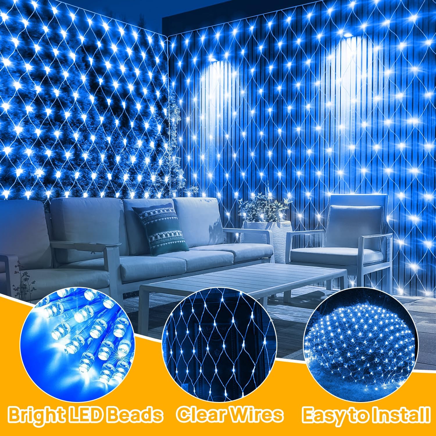 Luci solari a rete, luci a rete impermeabili a 192 LED da 3x2 m, 8 modalità di luci a rete con telecomando, bianco freddo - 2