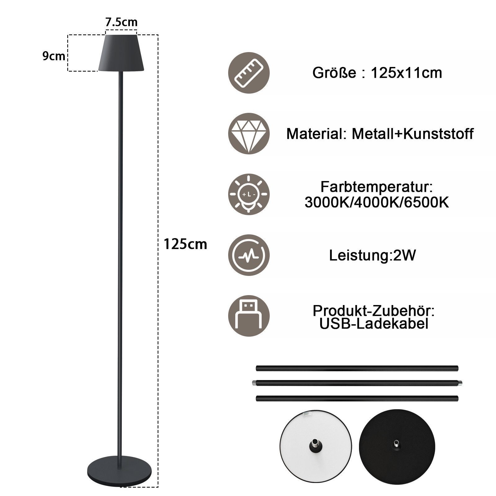 NETTLIFE Lampa podłogowa LED Czarna Nowoczesna Ściemnialna 125 cm 3 Temperatury Barwowe USB Salon - 5