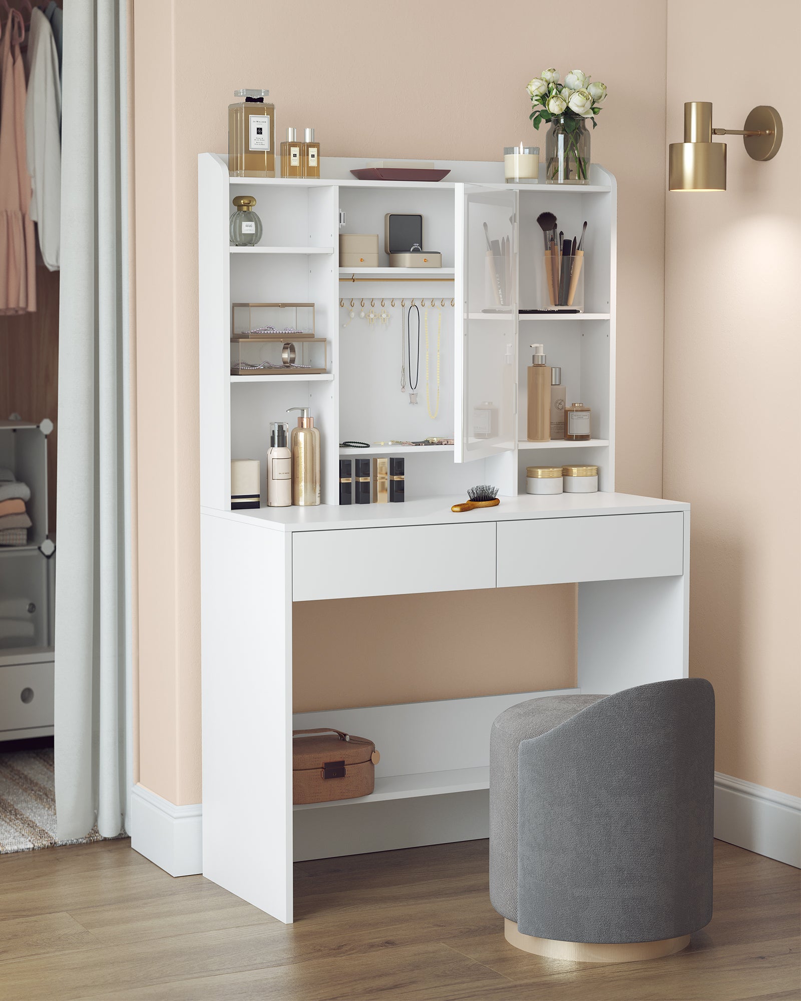 Coiffeuse avec Miroir LED, 3 Couleurs, 2 Tiroirs, Style Moderne, 90 x 40 x 144,7 cm, Étagère de Rangement, Blanc - 7