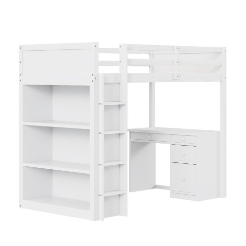 Lit mezzanine enfant 90x200 cm, bois massif, Lit Combiné avec Armoire, Bureau et Escalier de Rangement - sommier à lattes, barrière de sécurité, 2 places, design moderne - Blanc