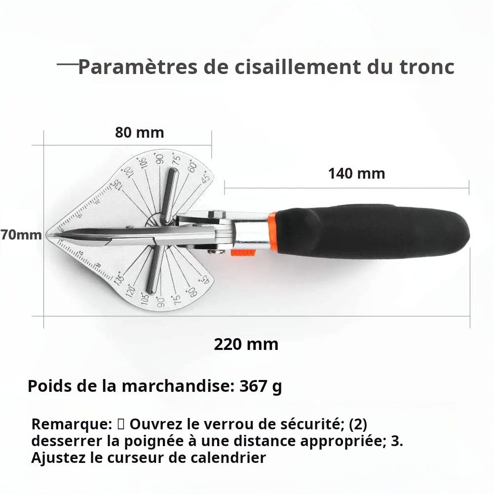 Tesoura de precisão multi-ângulo para trabalhar madeira, corta de 45° a 135° para selar e cortar arestas em forma de U, preta - 3