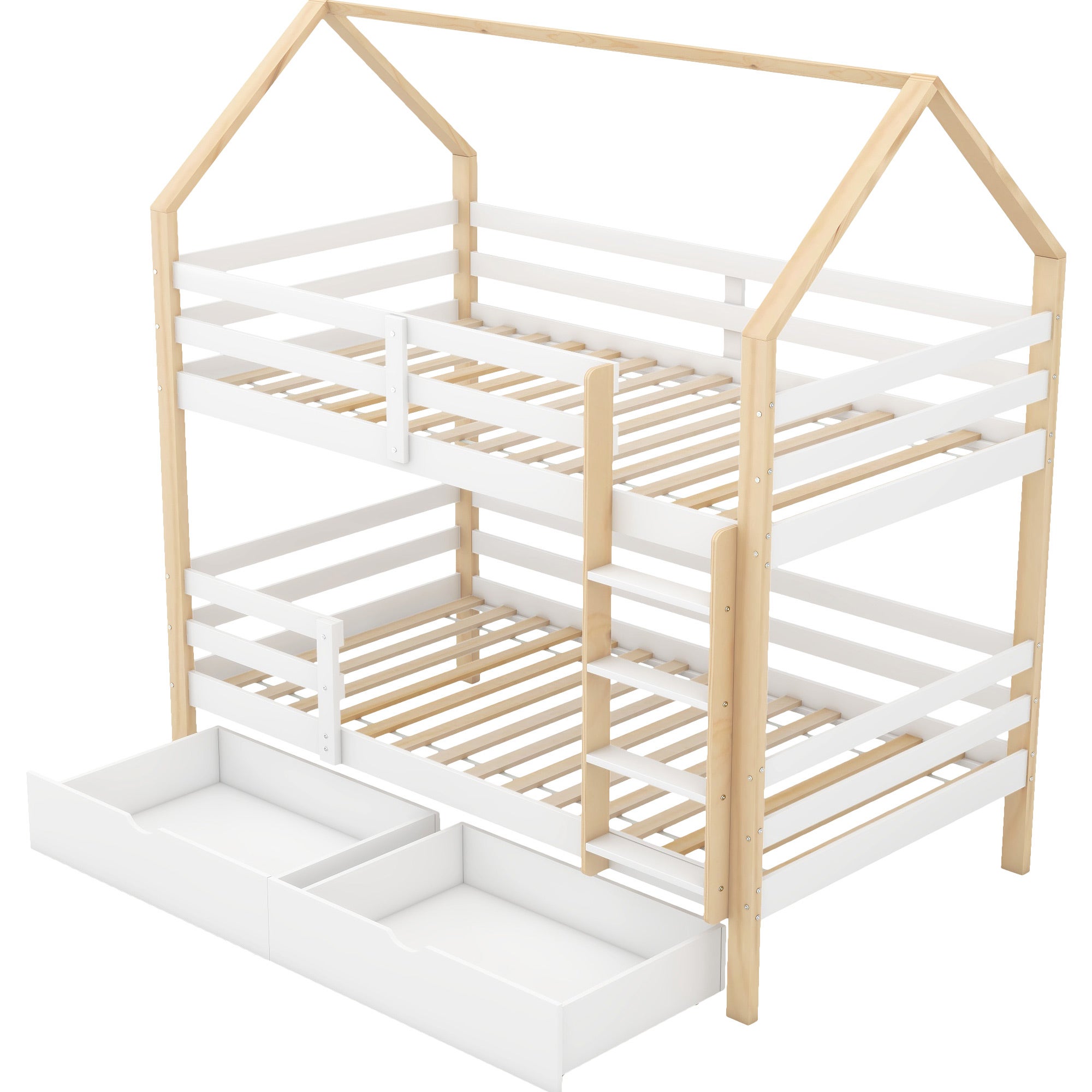 Łóżka piętrowe 2 x 90 x 200 cm z 2 szufladami i drabinką - Drewno lite - Kolor naturalny + biały (materace nie są wliczone w cenę) - 9