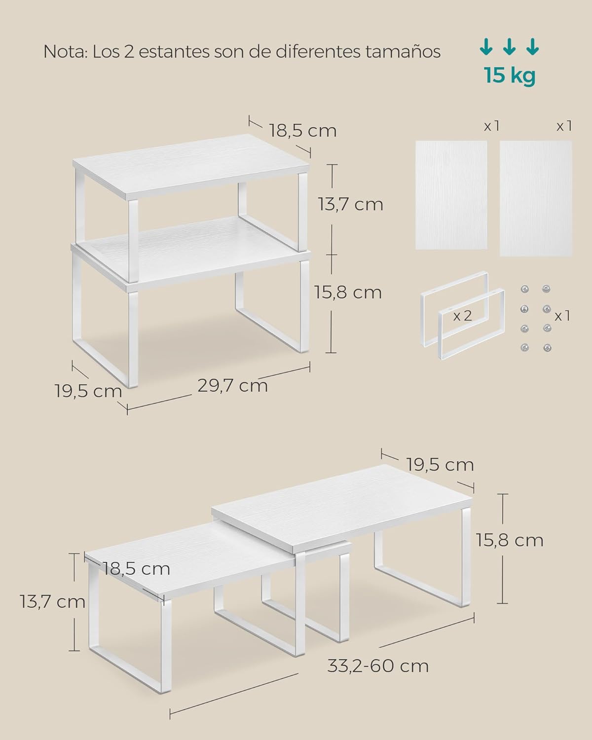 Juego de 4 Estantes de Cocina, para Almacenamiento, Apilables, Expandibles, Metal y Madera de Ingeniería, Blanco Nube y Blanco Nieve - 6