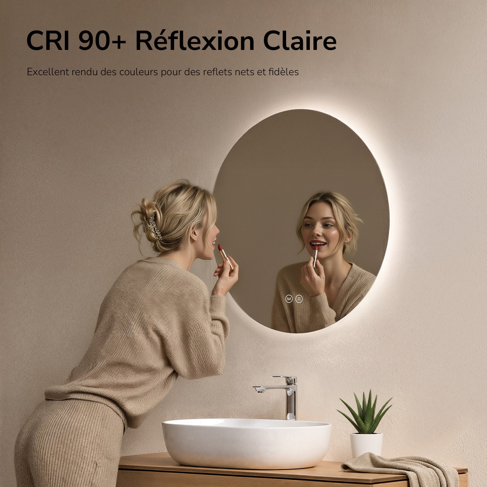 EMKE Miroir lumineux salle de bain rond diamètre 50cm, rétro-éclairage sans cadre, Miroir LED avec Interrupteur Tactile, Lumière Froide/Neutre/Chaude - 6