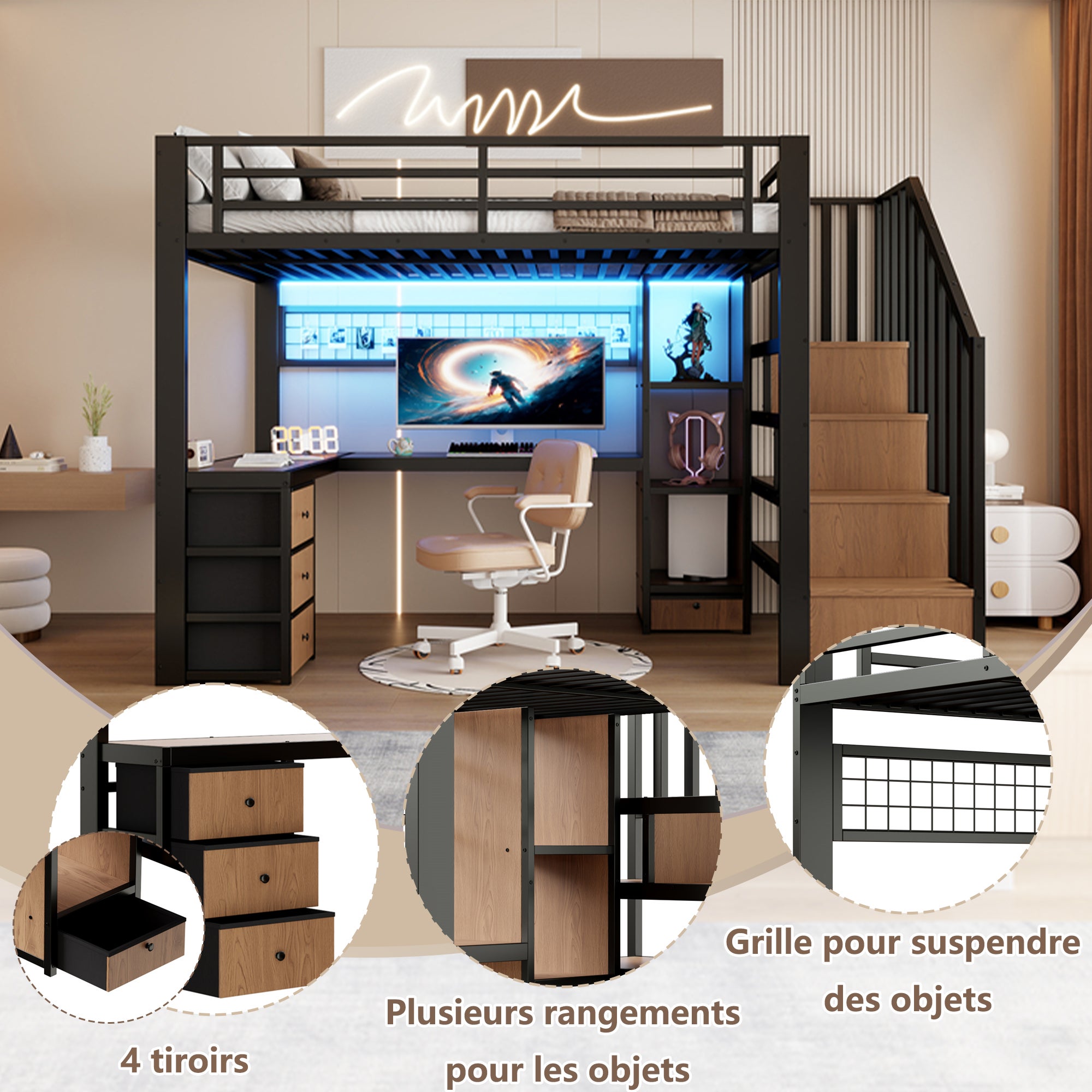 Lit mezzanine 90 x 200 cm avec bureau intégré, Lit simple structure en fer avec penderie LED, 4 tiroirs et escalier de rangement, sans matelas, Noir - 7