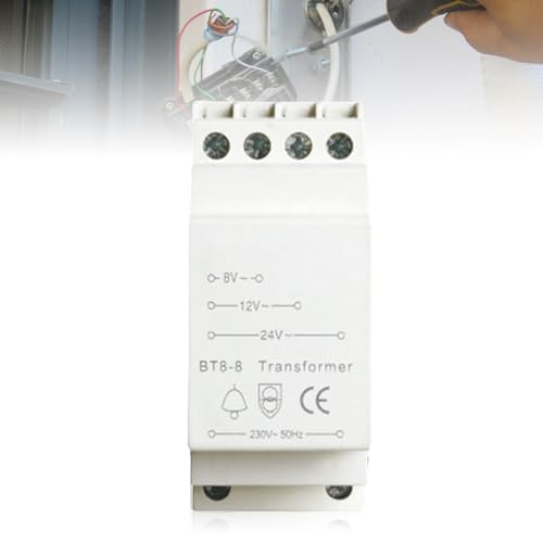 Transformateur de sonnette : 230V vers 8V, 12V ou 24V, alimentation sur rail DIN, compatible avec tous les modèles de sonnette (Blanc)..