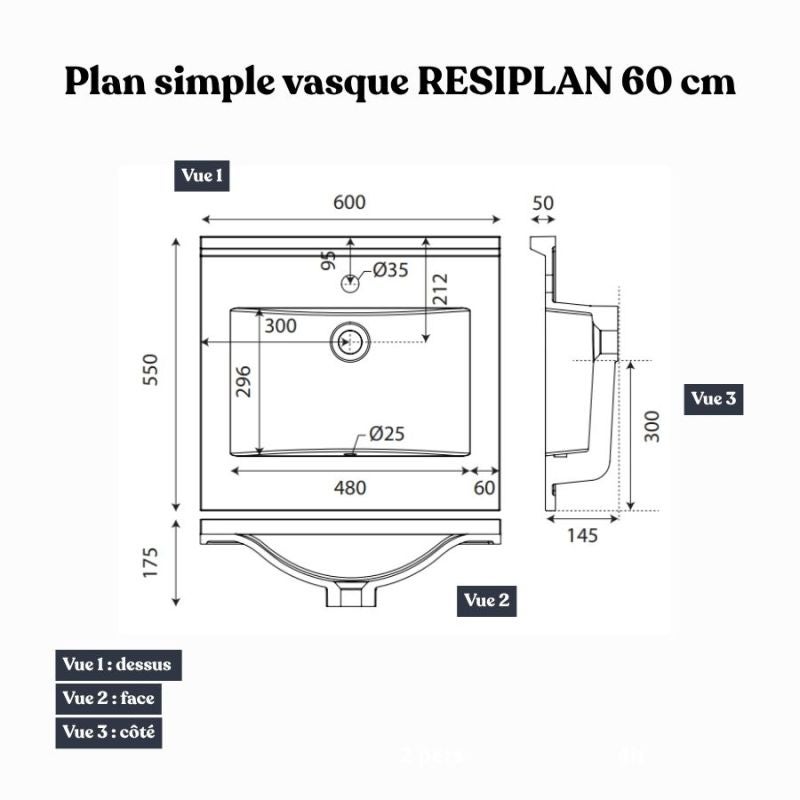 Plan simple vasque en résine de synthèse RESIPLAN - 60 cm - 4