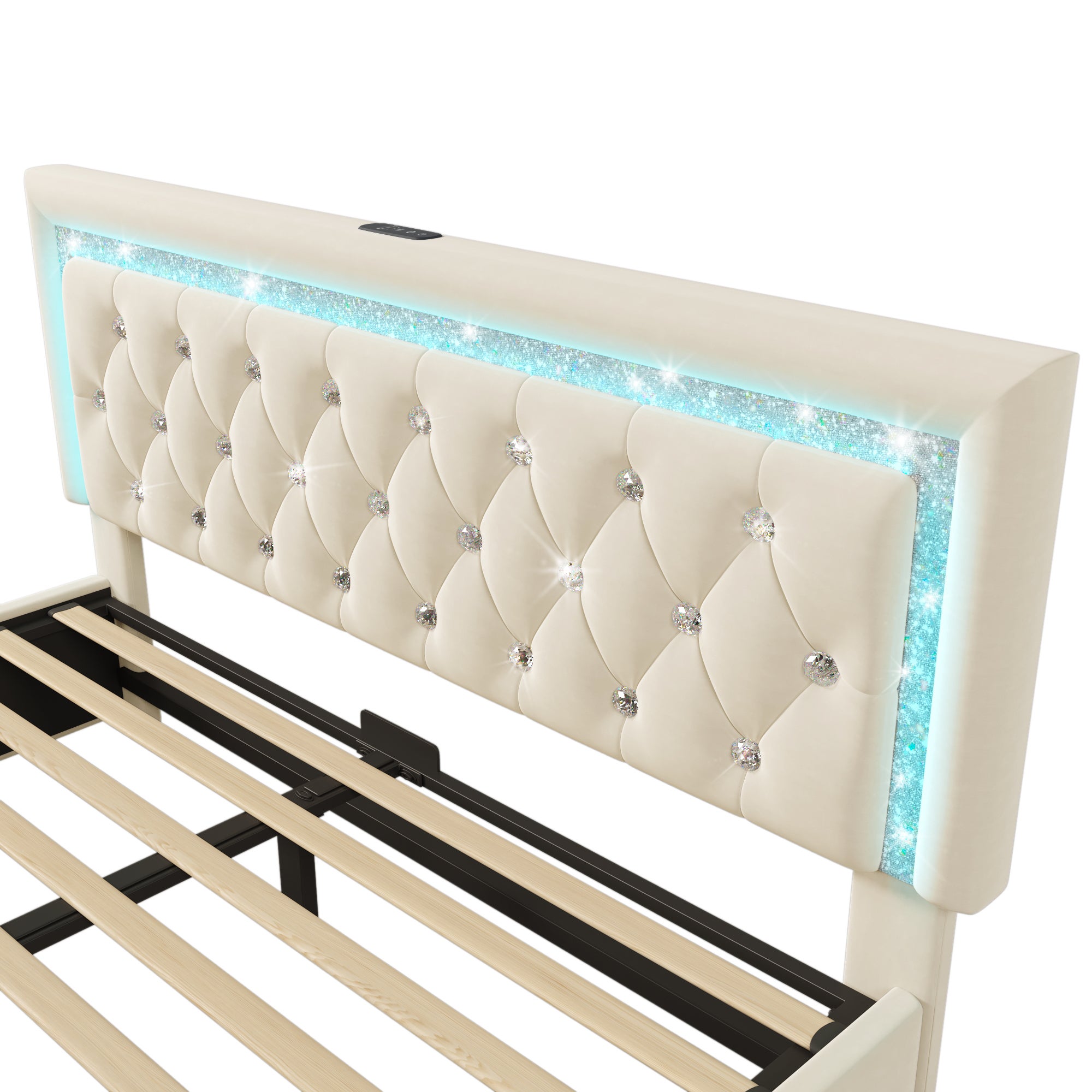 Łóżko tapicerowane z pojemnikiem 140x200 cm z aksamitu - z oświetleniem LED - z portami USB i typu C - ze stelażem listwowym - beżowe - 9