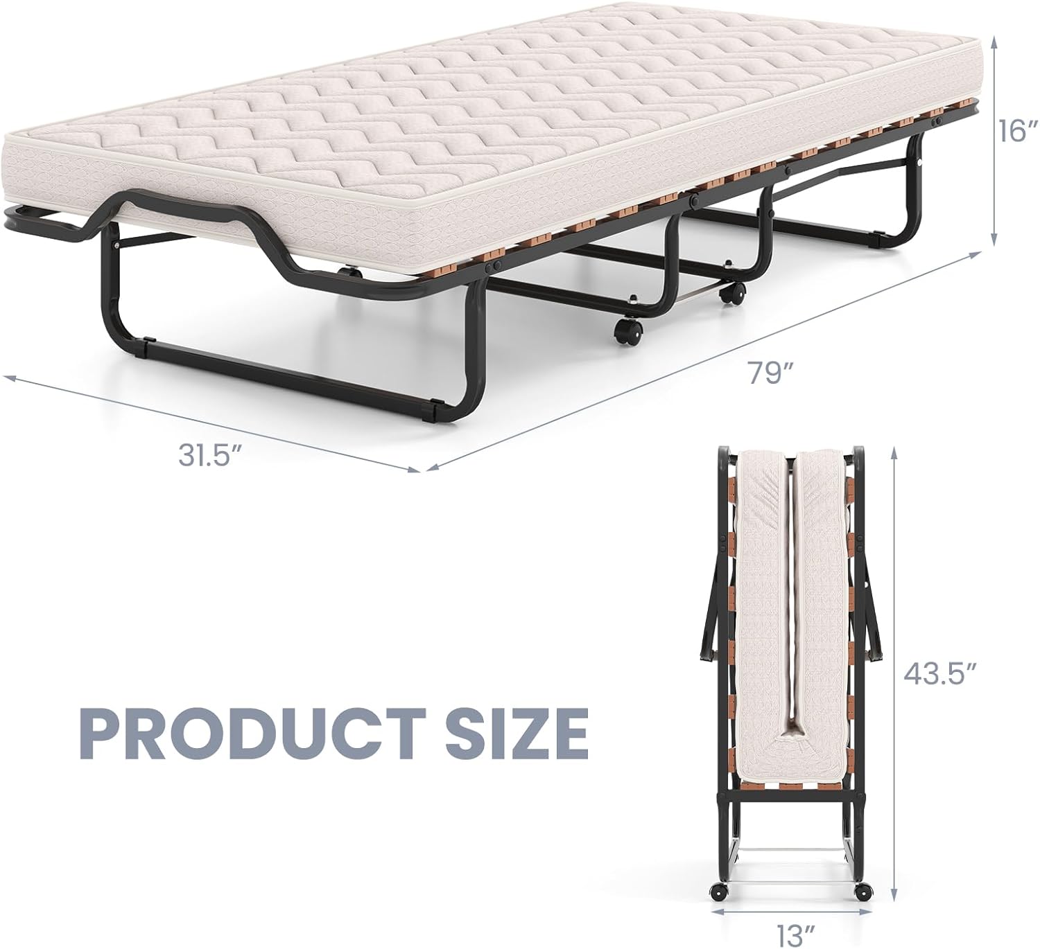 Składane łóżko dla jednej osoby 80 x 200 cm z materacem ortopedycznym z pianki memory 10 cm, nośność 120 kg, łóżko dodatkowe na 4 kółkach, beżowy - 2