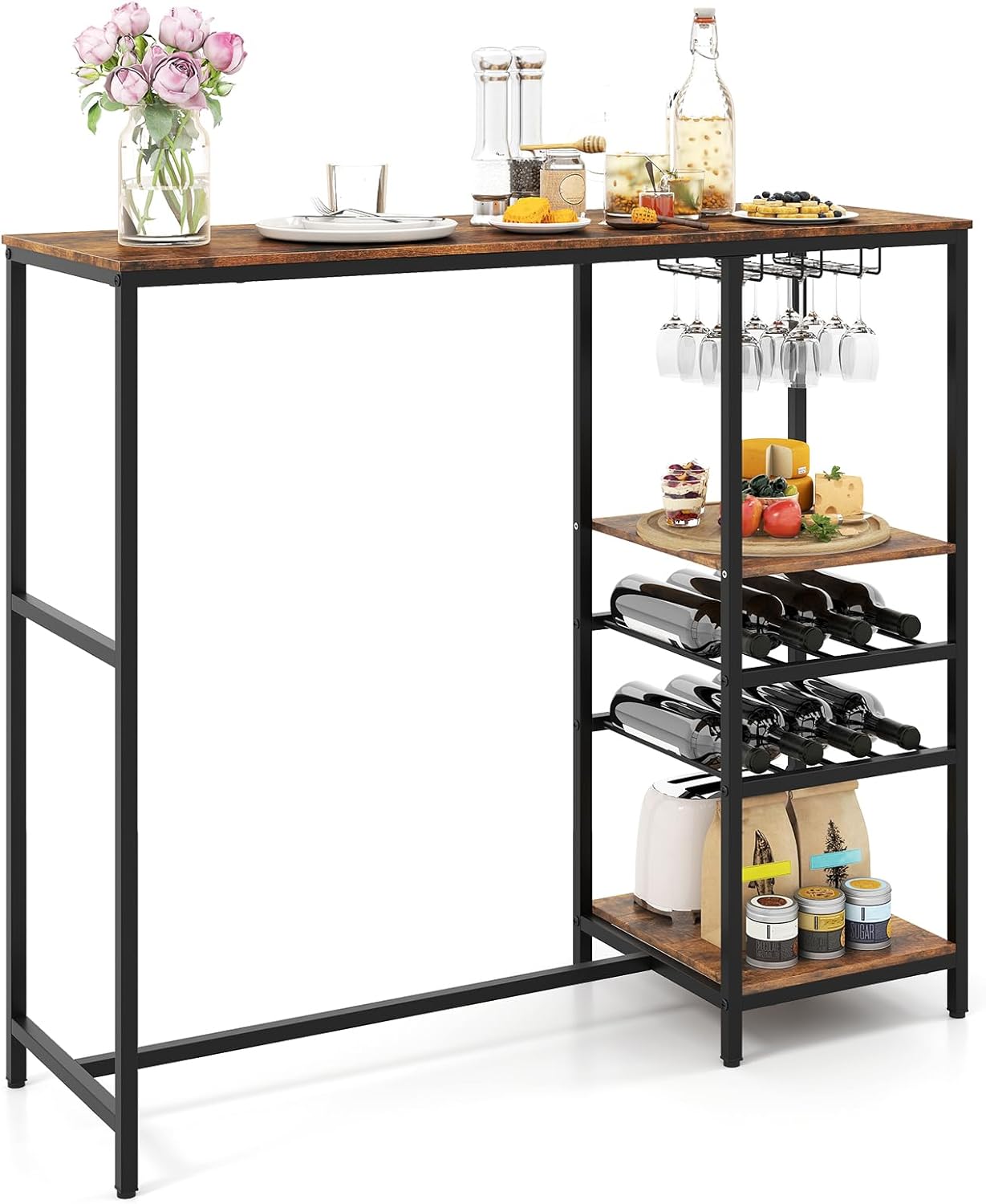 Industrialny Stół Jadalny z Dużym Blatem, Regałami do Przechowywania, Uchwytami na Kubki i Butelki, Wysoki Metalowy Stół Barowy w Stylu Bistro