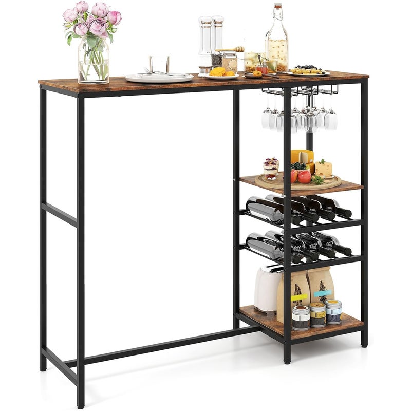 Industrialny Stół Jadalny z Dużym Blatem, Regałami do Przechowywania, Uchwytami na Kubki i Butelki, Wysoki Metalowy Stół Barowy w Stylu Bistro