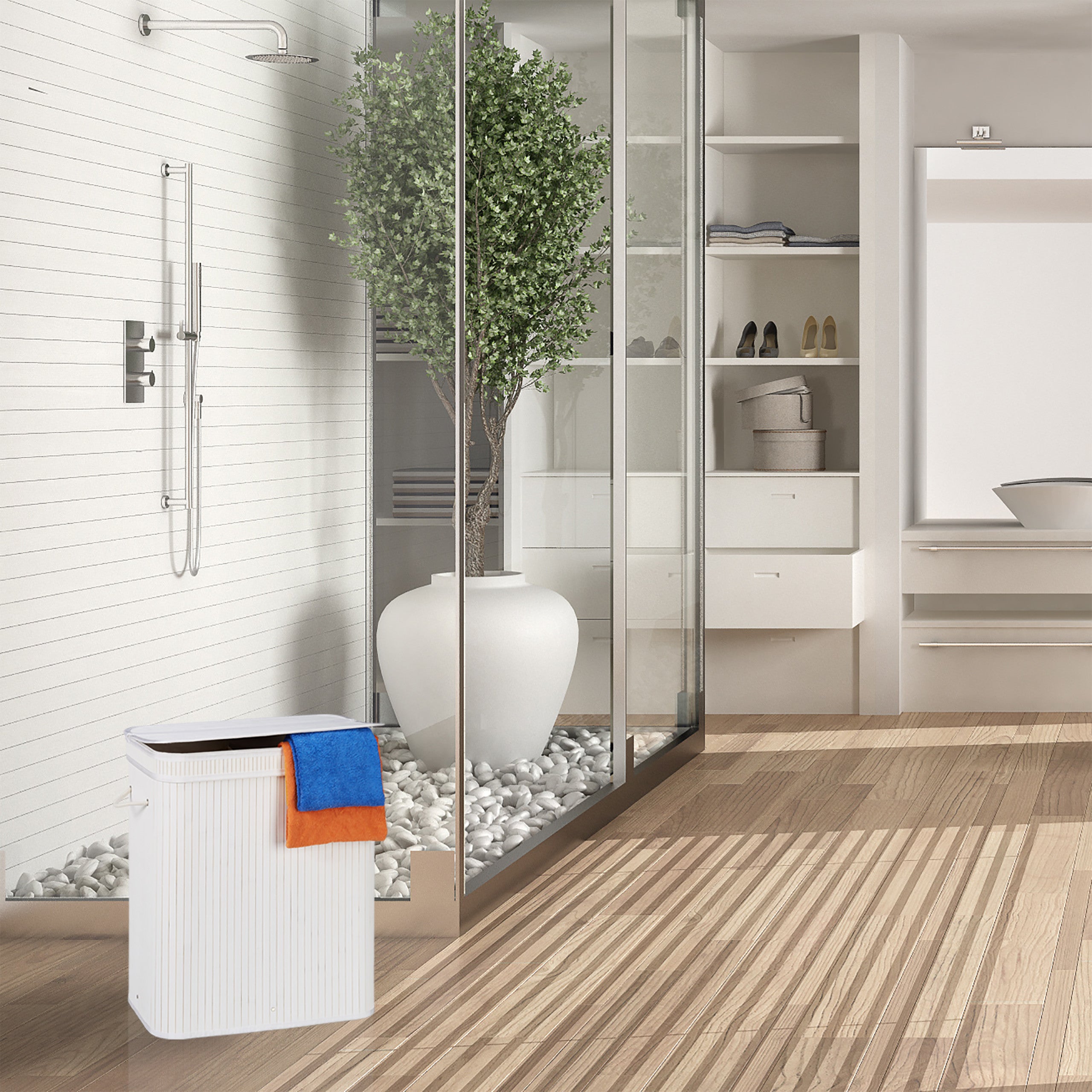 Cesto Para La Ropa De Bambú WohnDirect - Con Tapa Y 2 Compartimentos, 104 Litros, Bolsa Lavable Incluida, Blanco
