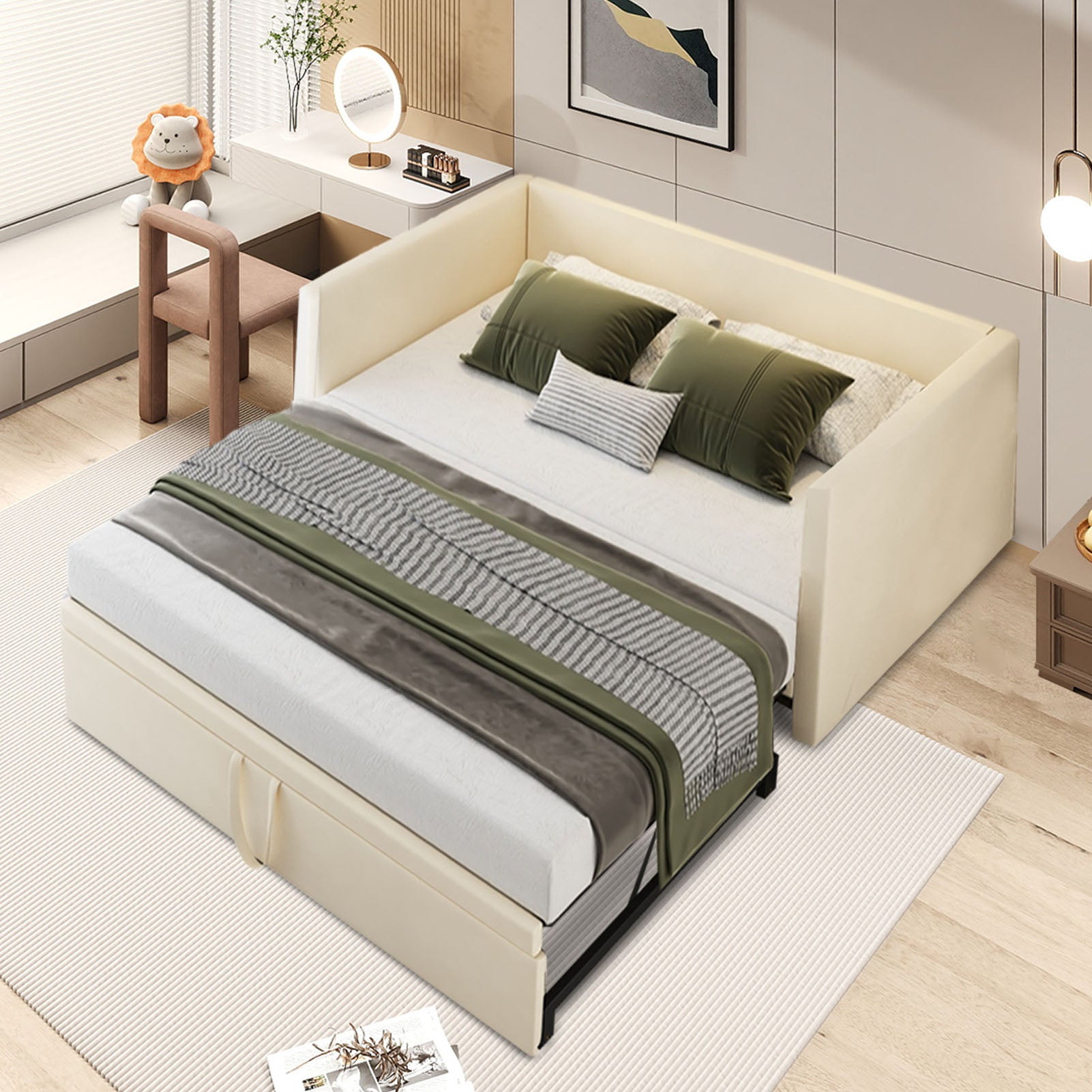Canapé lit convertible180 x 200cm-Canapé-lit extensible rembourré pour Salon et Chambre d'Amis-Gain de place-lit 2 personnes-beige-Sans Matelas - 9