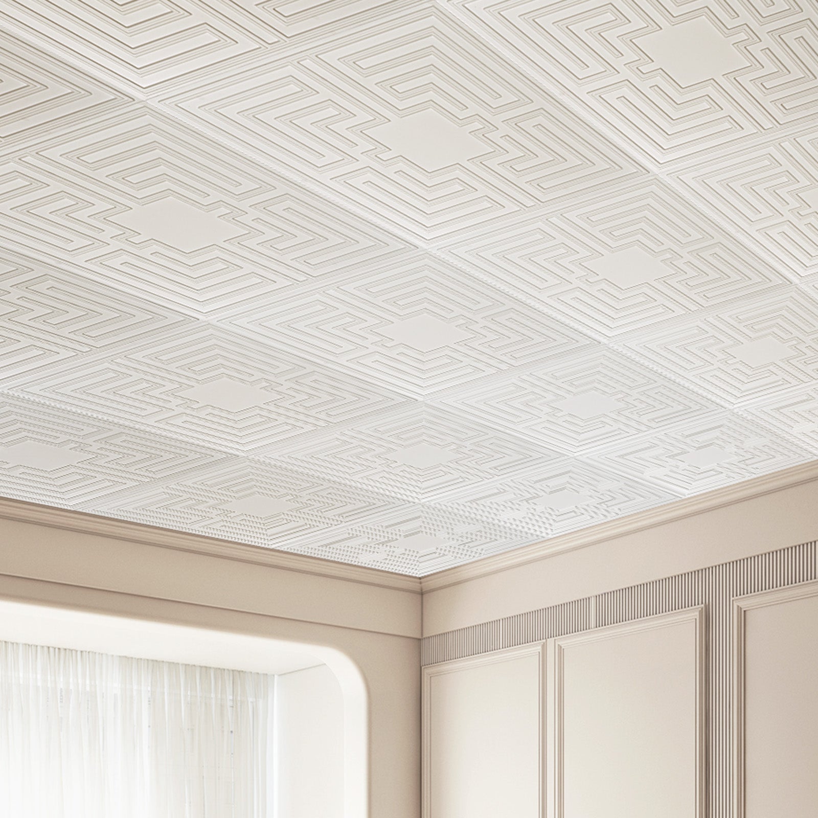 Plaques de plafond SucceBuy lot de 12 en PVC 605x605 mm, motif Echo blanc, découpe facile, pose avec colle pour maison et bureau - 9