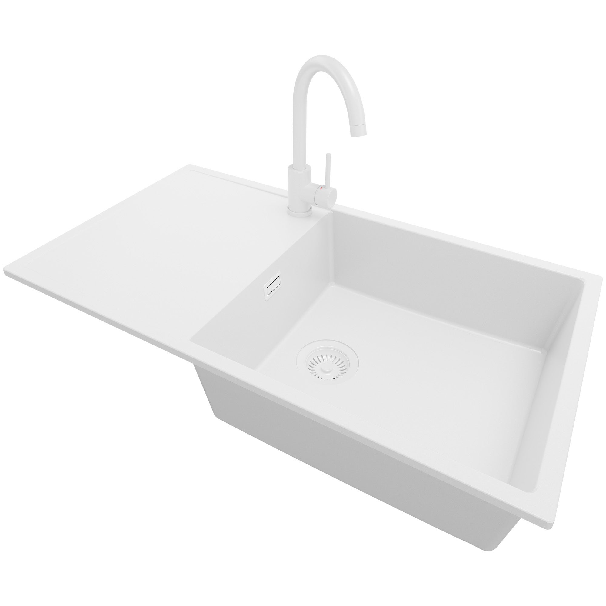 Zlewozmywak Granitowy Cały Biały 90x50cm, Zlew Kuchenny 1 Komorowy + Bateria 32x20cm + Syfon, Nablatowy do szafki od 60cm - Ibiza PRIMAGRAN