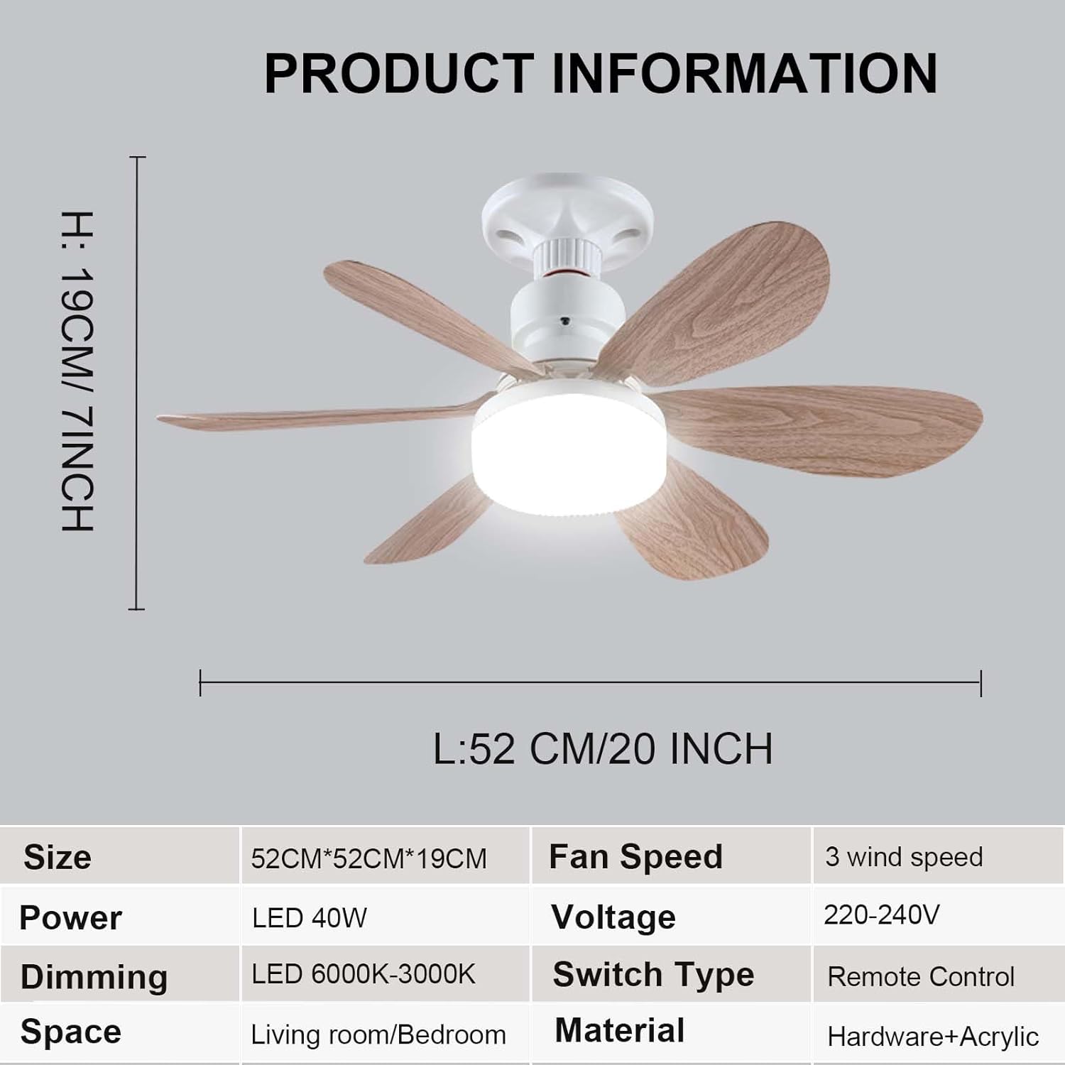 Ventilateur De Plafond Lumiere Avec Telecommande Silencieux Plafonnier Ventilateur De Plafond Port E27 Dimmable Ventilateur Lumineux,52CM,marron - 5