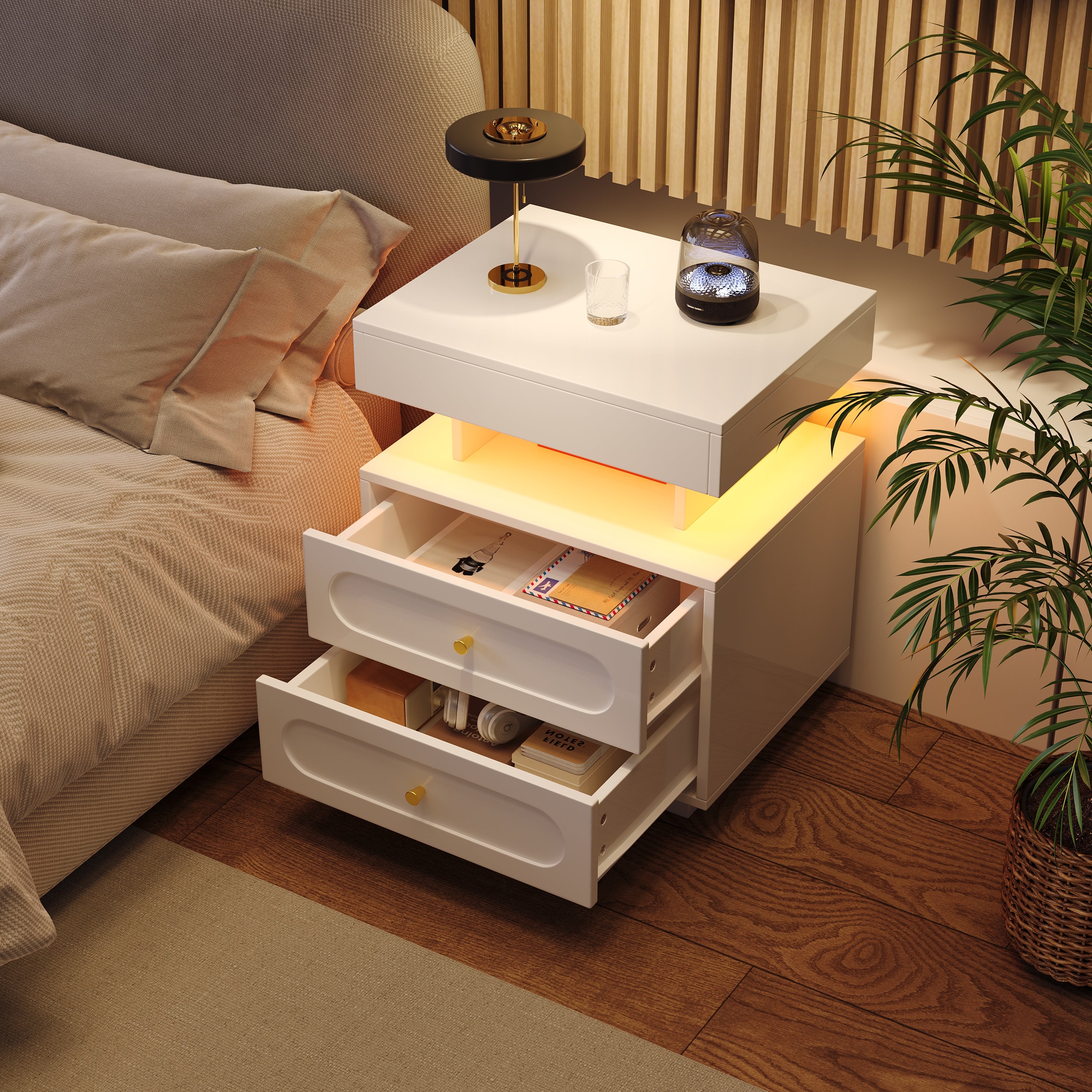 Stolik nocny 50x40x60 cm - z oświetleniem LED - z 2 szufladami i 1 otwartą przestrzenią przechowawczą - Biały - 3
