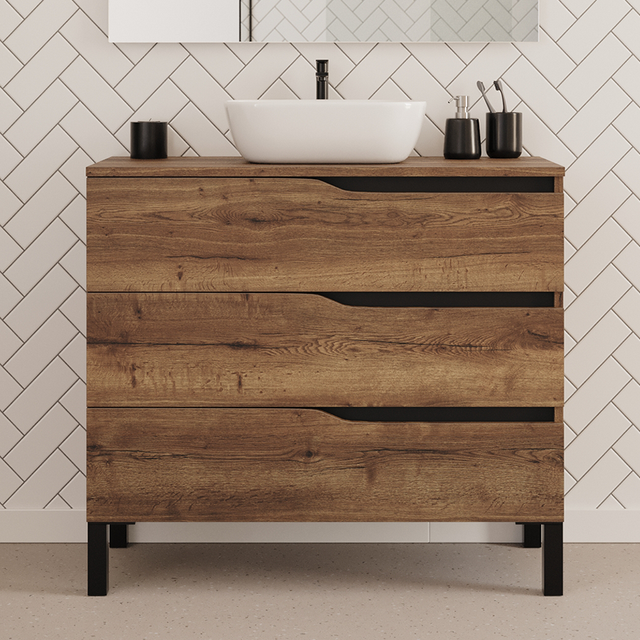 Meuble de salle de bain 90cm avec plateau et vasque à poser zeus - 3 tiroirs - sans miroir - tabaco (chêne foncé) - MATA