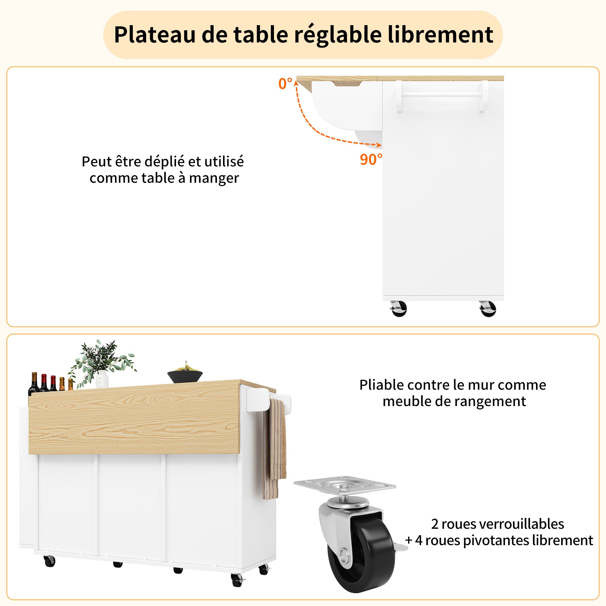 Buffet cuisine avec plan de travail, Chariot à roulettes avec tiroirs, Desserte cuisine avec étagère à épices et porte serviettes,Blanc 110x42x90cm - 5