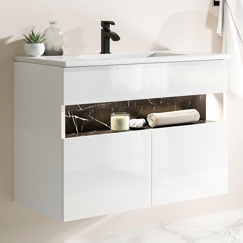 Szafka łazienkowa wisząca z oświetleniem LED i umywalką wpuszczaną w blat - Biały i czarny z efektem marmuru - szer. 80 cm - POZEGA