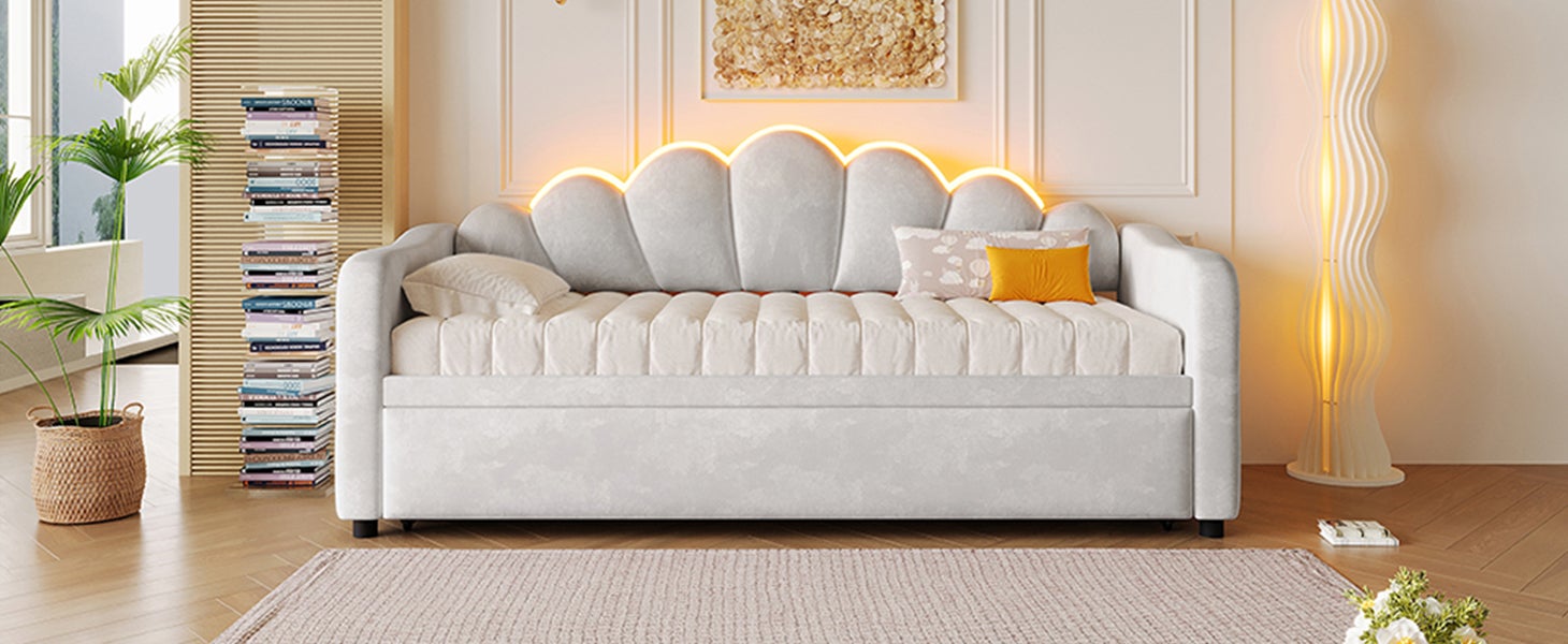 Łóżko wysuwane 90 x 200 cm z zagłówkiem i oświetleniem LED - MDF, sklejka i aksamit - 10 listew - Szare (Materac nie jest wliczony w cenę) - 7