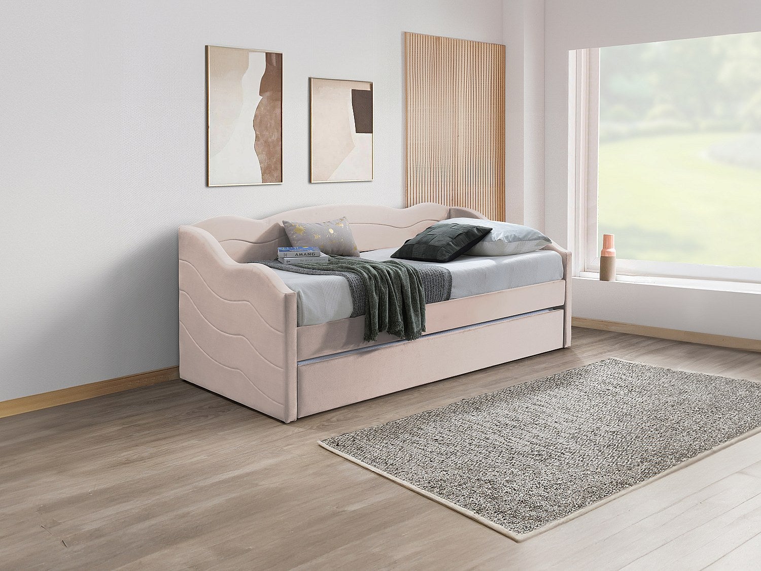 Łóżko z wysuwanym materacem 2 × 90 × 190 cm – Welur – Różowy + Materac – LENVIA