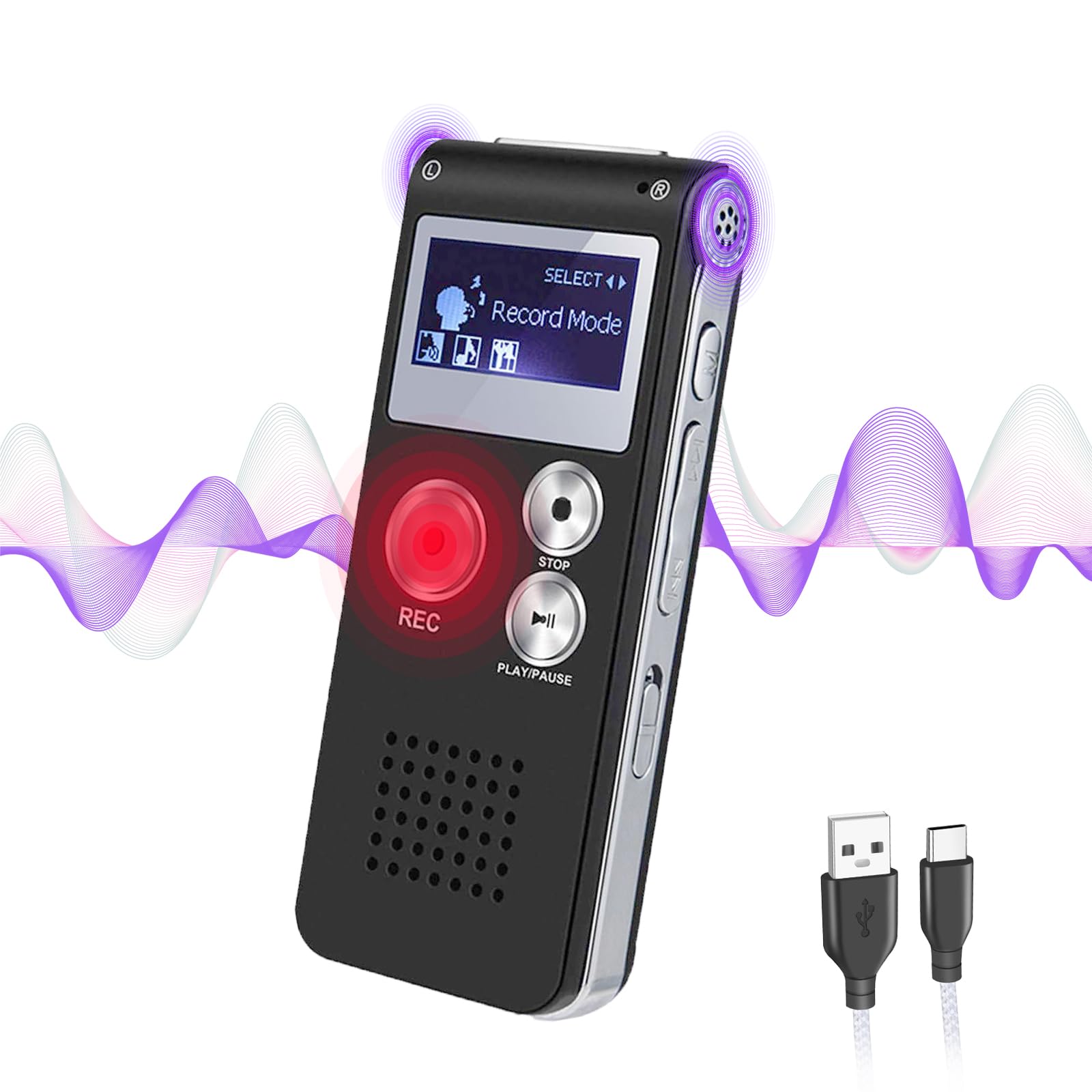 Cyfrowy dyktafon 64 GB z aktywacją głosową - przenośny rejestrator dźwięku HD 1536 kb/s MP3 na spotkania, ładowalny i zabezpieczony hasłem