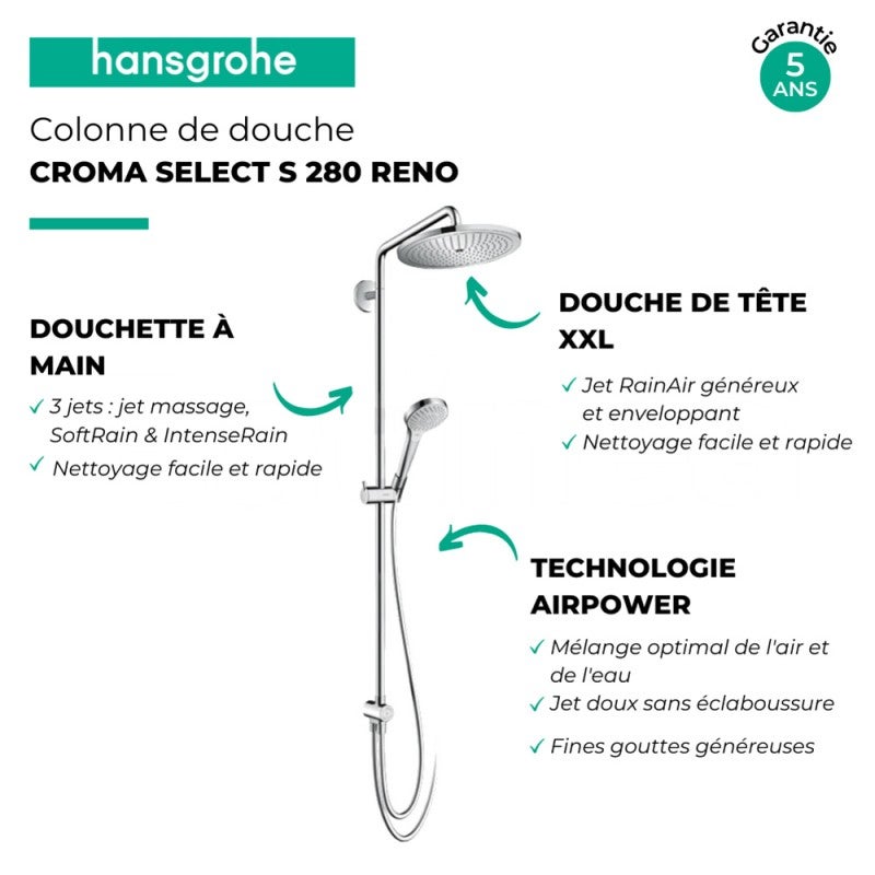 Colonne de douche ou bain douche sans mitigeur HANSGROHE Croma Select S 280 chromé - 3