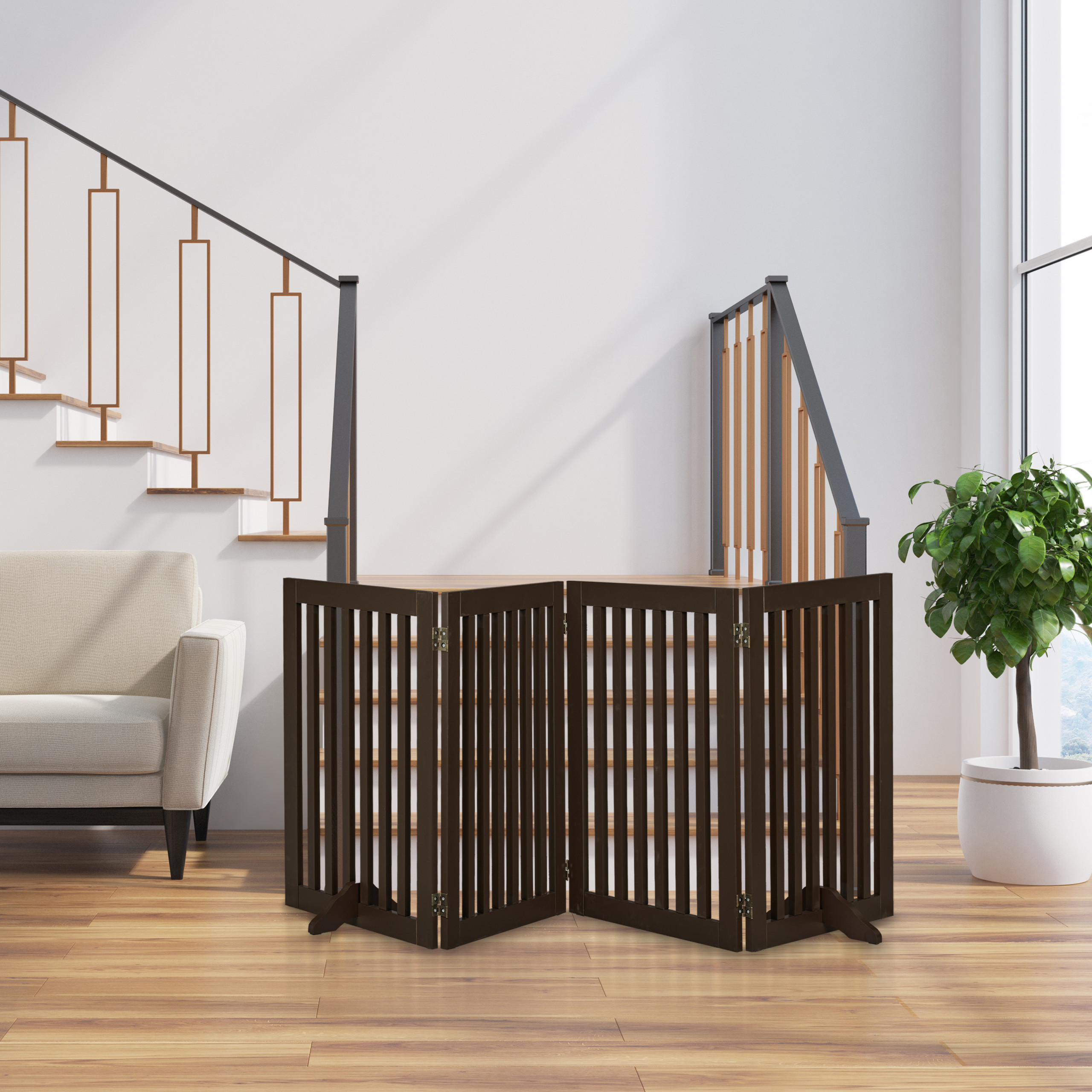 Barrière de sécurité, H x L : 92 x 205 cm, avec pieds, pliable, autonome, pour chiens, marron, Relaxdays - 2