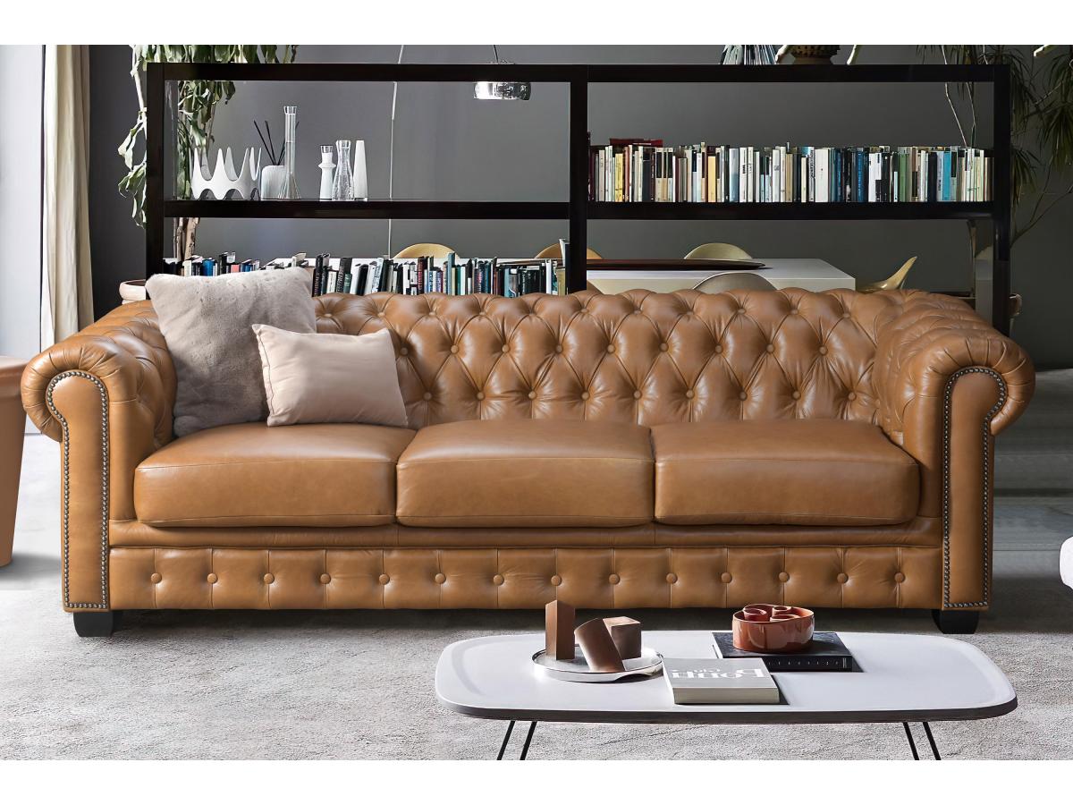 Canapé chesterfield 4 places BRENTON 100% cuir de buffle premium - Caramel vintage - 7
