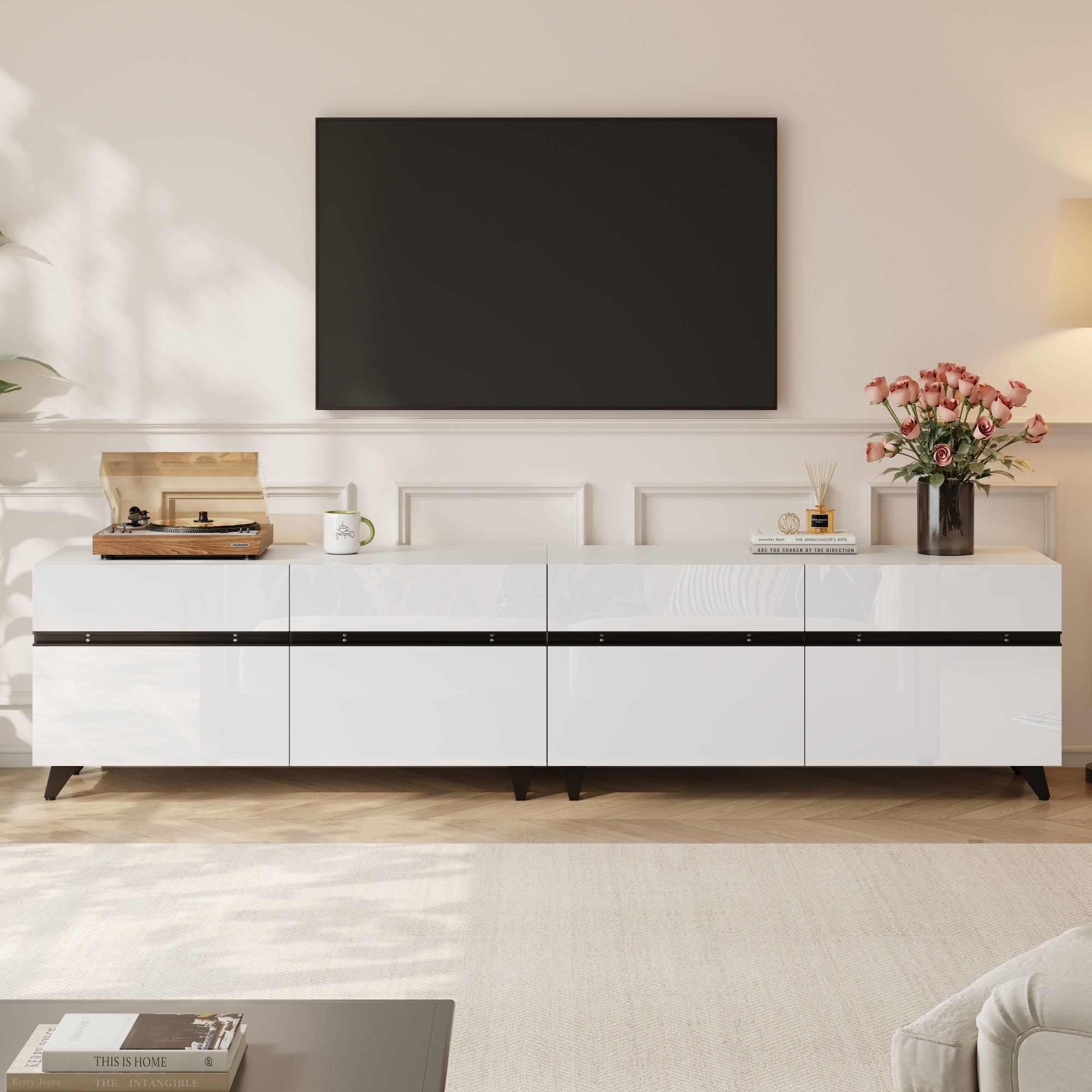 Szafka RTV z 4 drzwiami na telewizor 80 cali - 180 x 40 x 49 cm - MDF - do salonu lub sypialni - biała