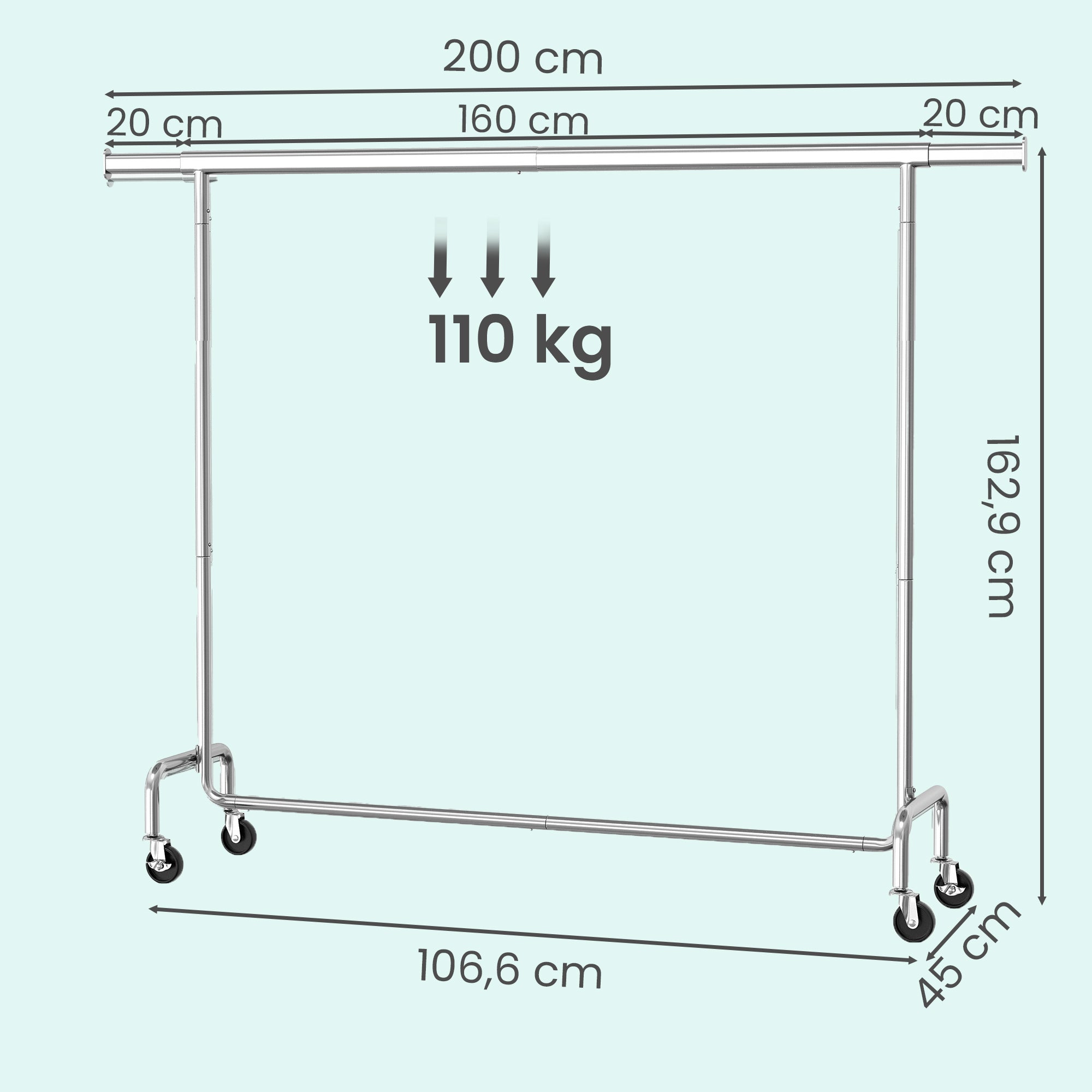 Portant à vêtements sur roulettes, tringle extensible, charge maximale 110 kg, argent - 5