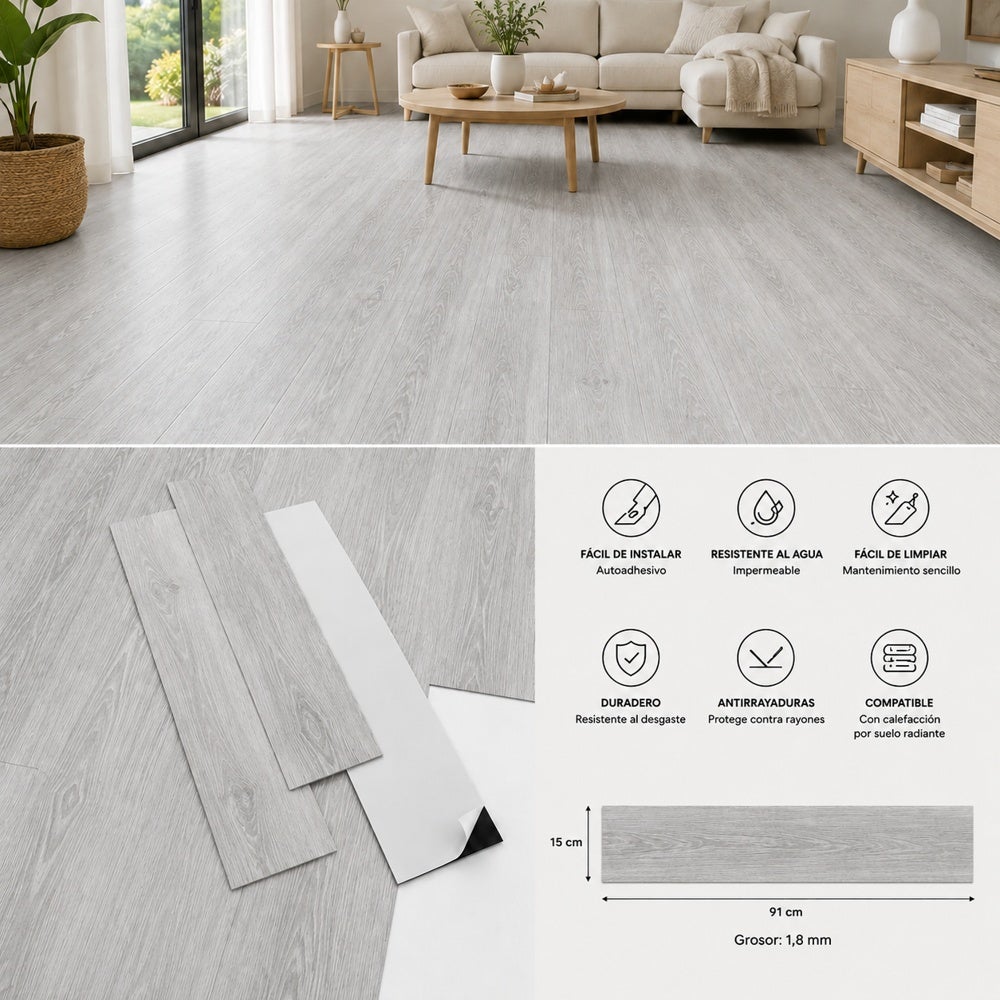 Arquiservi® - Pavimento Vinílico Autocolante PVC Carvalho Cinza 2,5 m² - Sala e Jantar | Resistente à Água | Durável | 2mm - 6