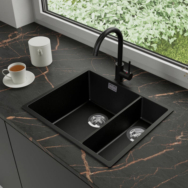 Zlewozmywak Granitowy 56x47cm, do szafki od 60cm + Bateria + Syfon - Agate Czarny STONESTYLE