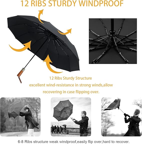 Parapluie de voyage pliable, ouverture et fermeture automatique, protection contre la pluie et le soleil, manche en bois noir - 3