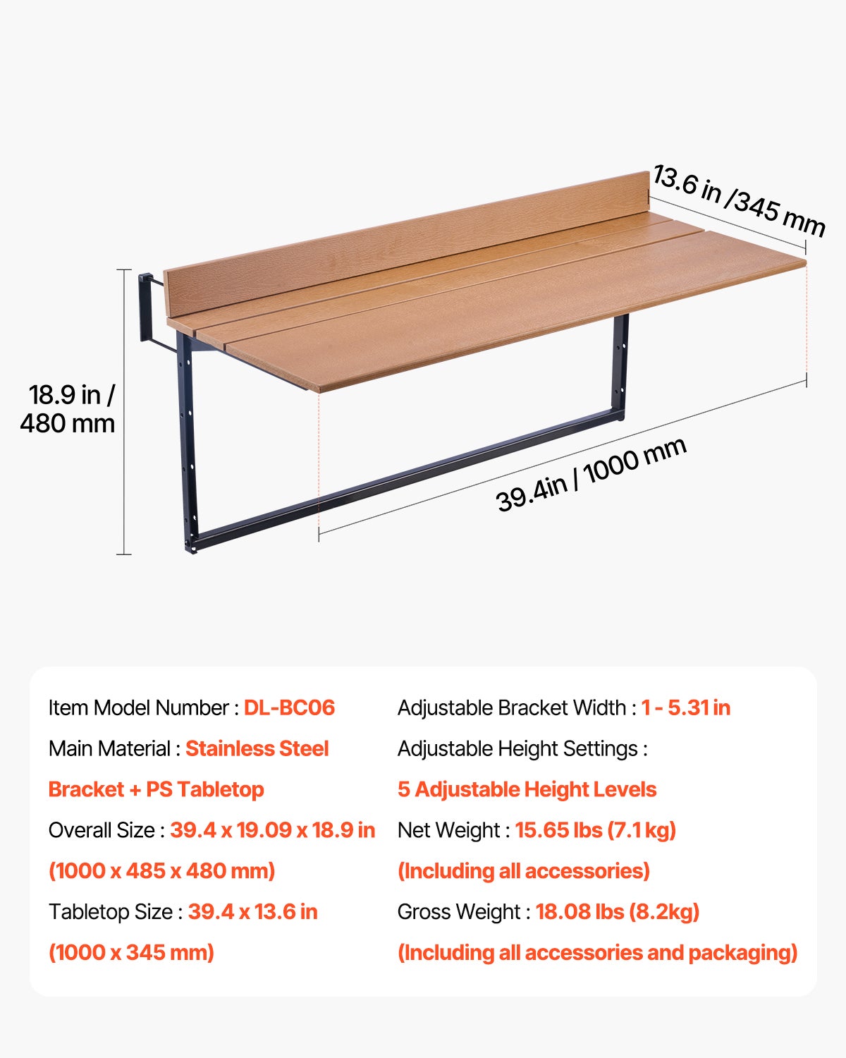 Table Suspendue Balcon,VEVOR 1000 x 485 x 480 mm,Table Pliante pour Balustrades Extérieures,avec Plateau 1000 x 345 mm,Réglable sur 5 Niveaux - 7